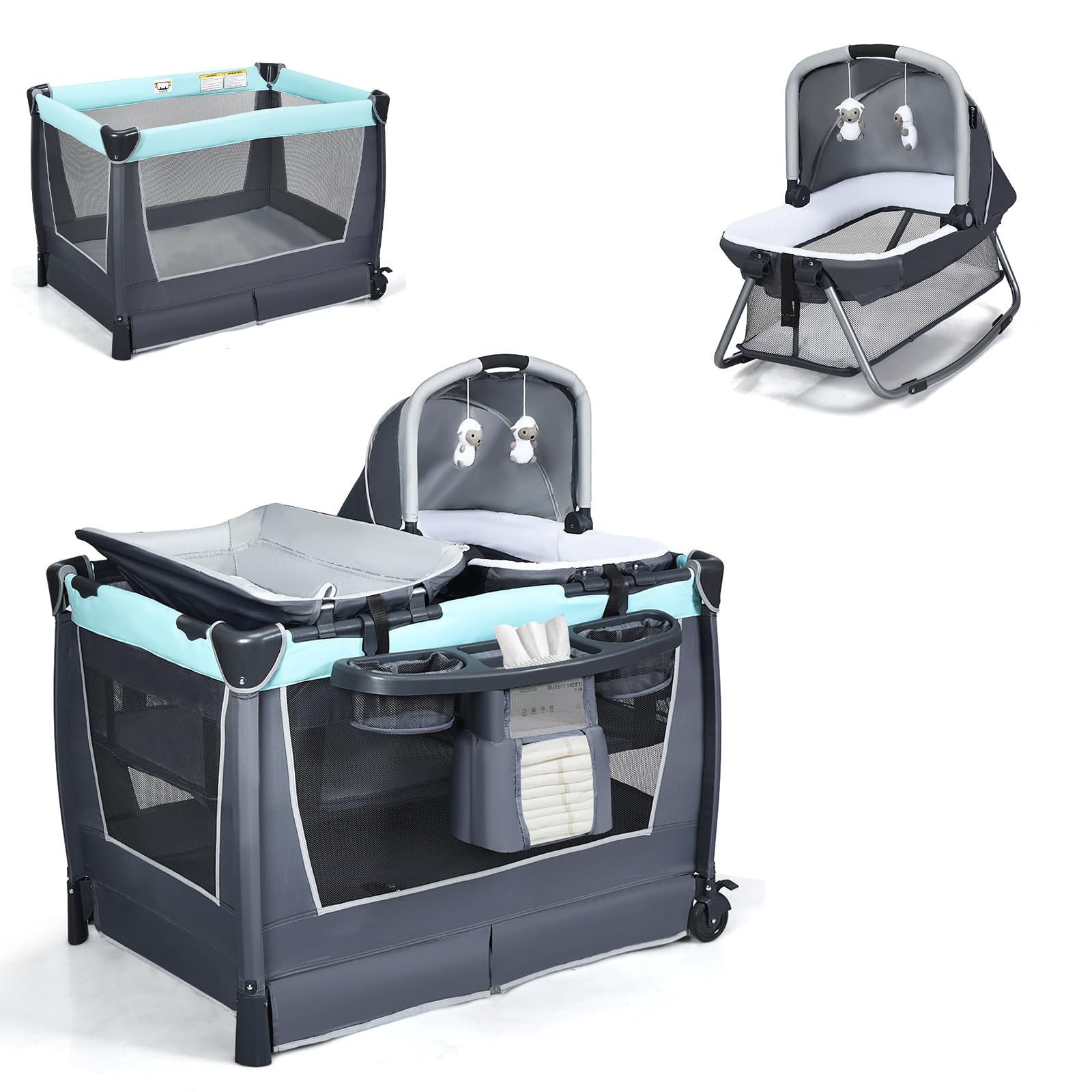 GOPLUS Lit Parapluie, Lit Bébé Pliable en Tissu Oxford avec Frein et Accessoires-Table à Langer, Panier, Jouets, Centre Musical et Sac de Transport pour Bébé 0-36 Mois, Vert