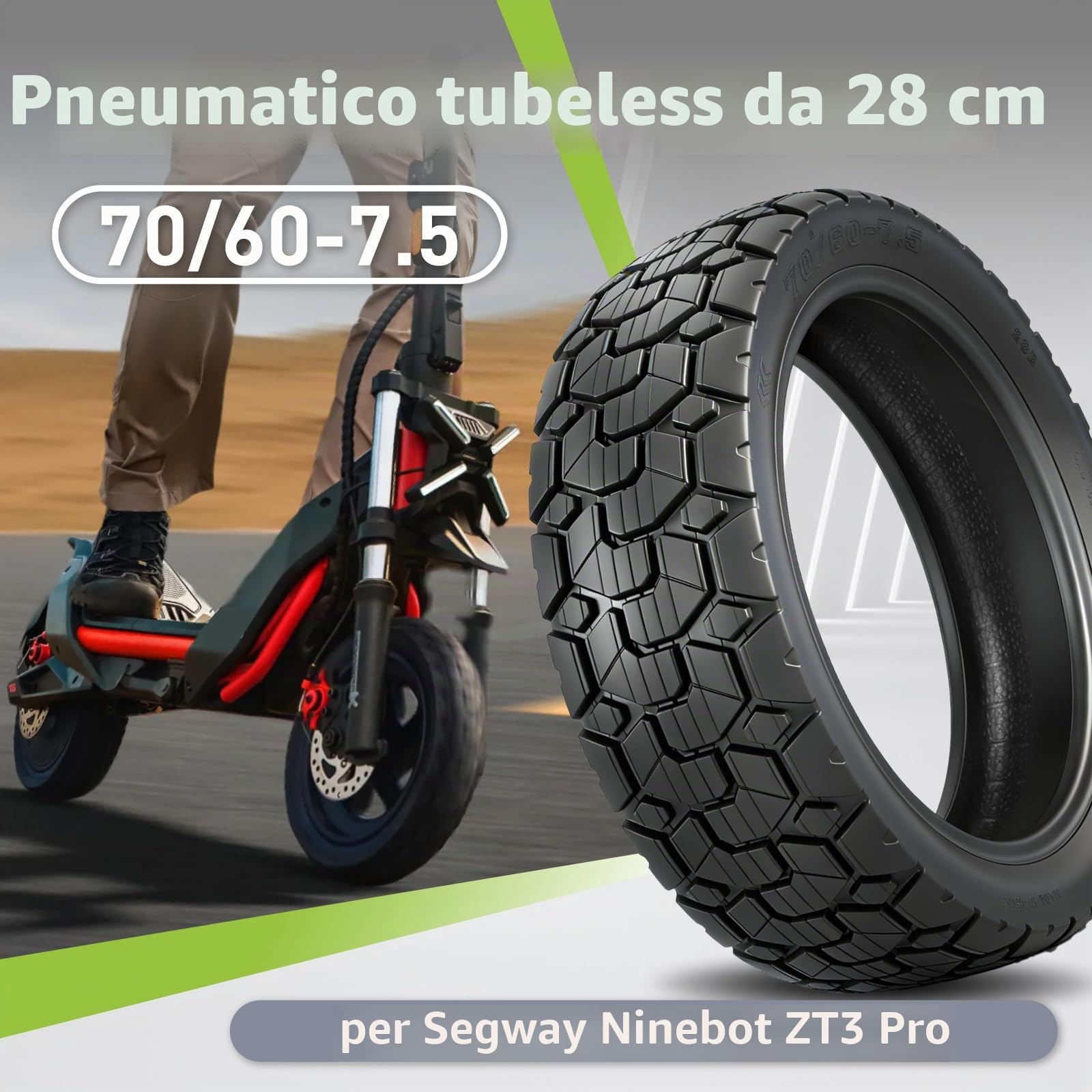 70/60-7.5 Pneumatico di Ricambio per Segway Ninebot ZT3 Pro Monopattino Elettrico 11 Pollici, Senza Camera d'Aria Anteriore/Posteriore (2 Pezzi)