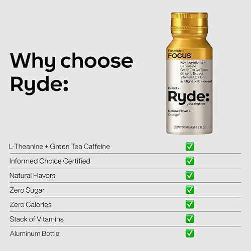 Miniatura 6 de Ryde Focus Shot  Sabor a naranja  L-teanina y ginseng  Cafeína de té verde  Vitaminas B2 y B7  0 calorías, 0 azúcar  Shots de 2 FL OZ  Apoya la