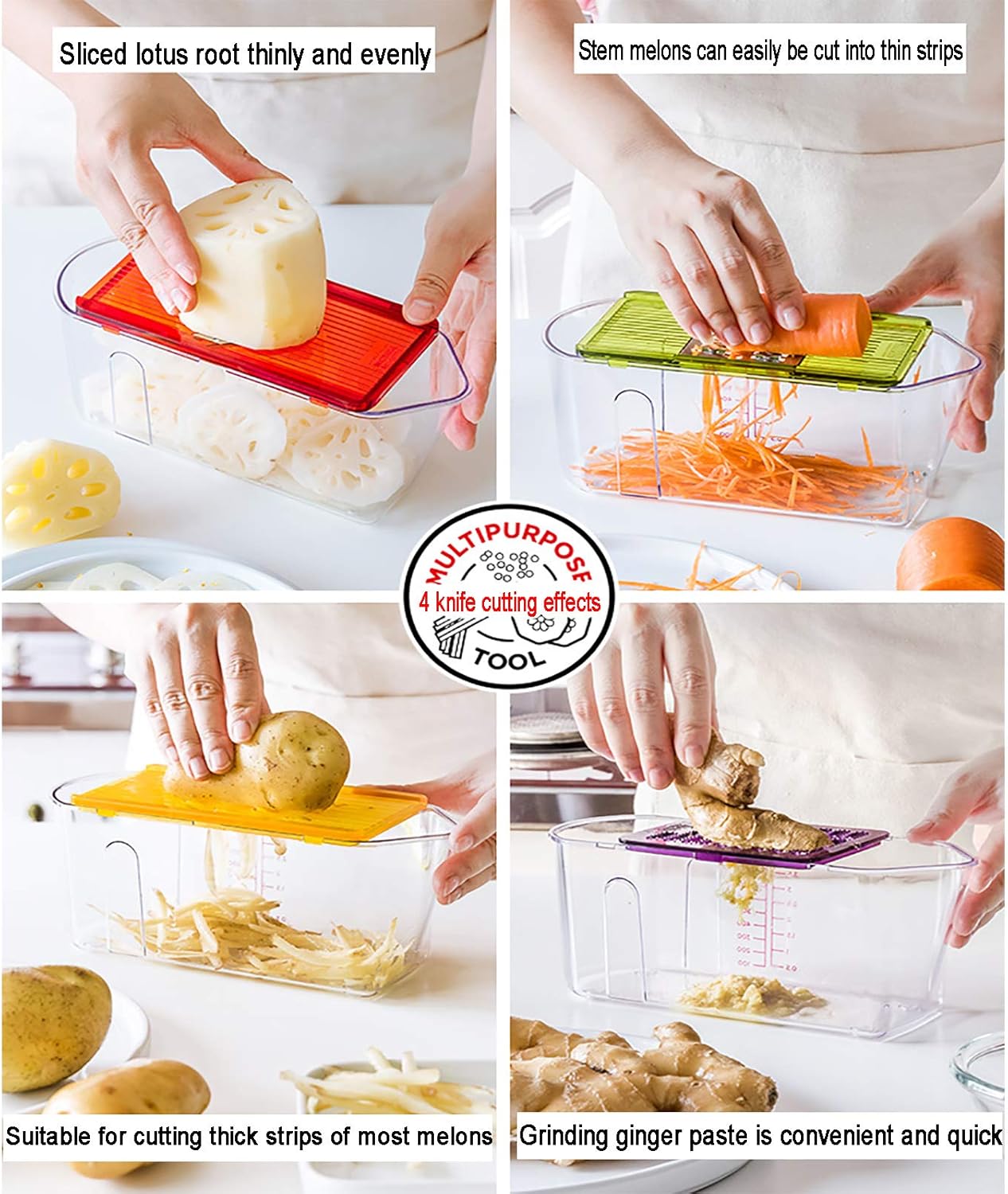 Vegetable Slicer Slicer Vegetable Cutter with Container for Salad, Food Chopper Cutter for All Veggies, Multifunctional Mandolin Slicer, Manual Onion Slimming Chopper Dicer, Kitchen, Stuff-Red, 19 x 9