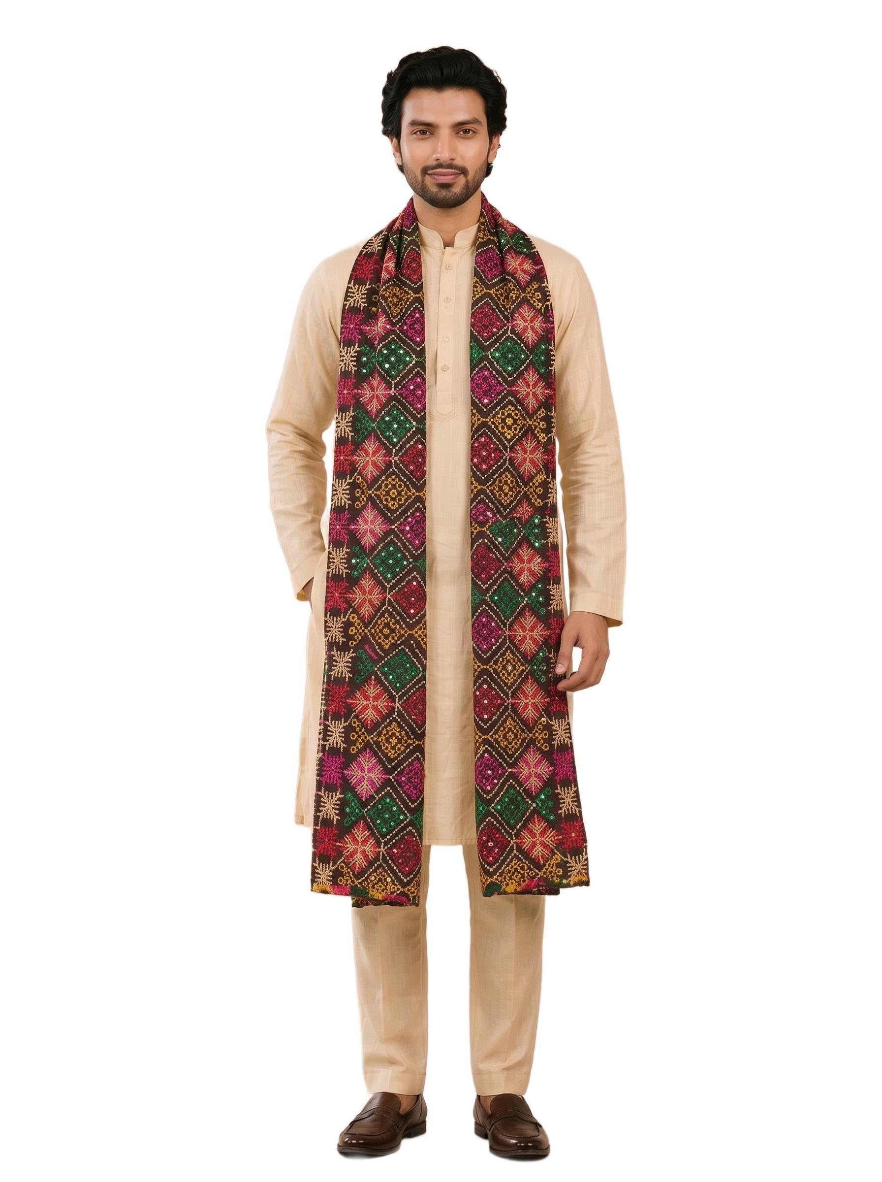 zamour Men’s Punjabi Phulkari Bagh Embroidered Dupatta in Pure Cotton Fabric | Elegant Lightweight Phulkari Dupatta |Perfect for Festival, Wedding & Cultural Events-picture-36