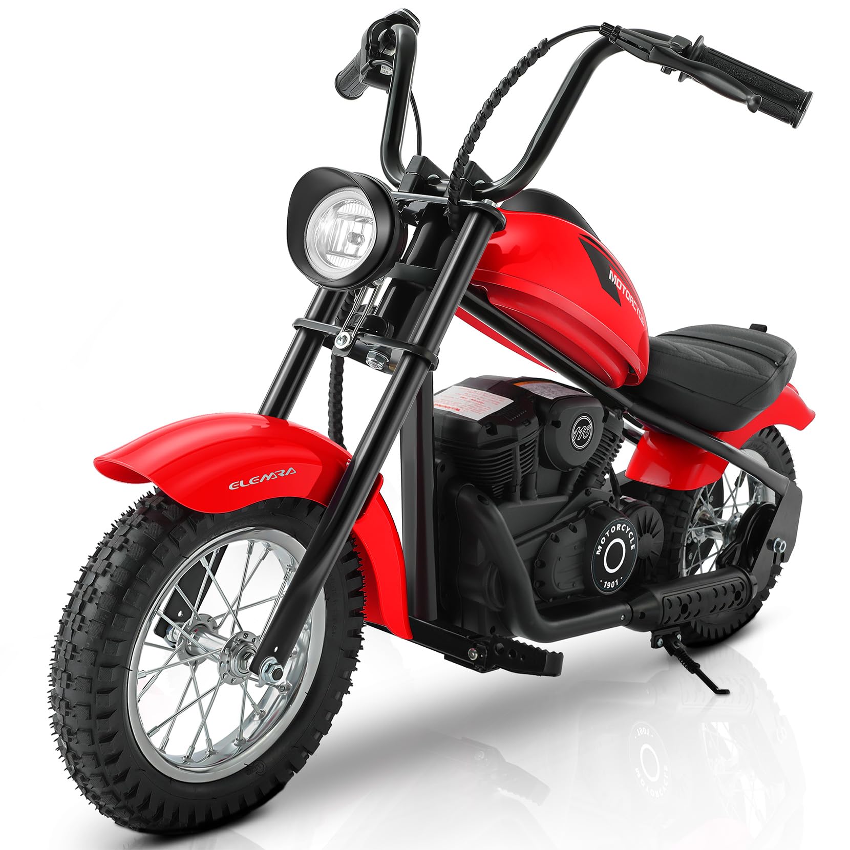 ELEMARA Electric Dirt Bike, 15 mph &amp; 150lb Max, 24V Ride on Toy for Big Kids w/LED Lights &amp; Power Display,Chain-Driven Motor,Twist-Grip Throttle,Shock Springs,Handbrake,12" Air-Filled Tires-Ruby