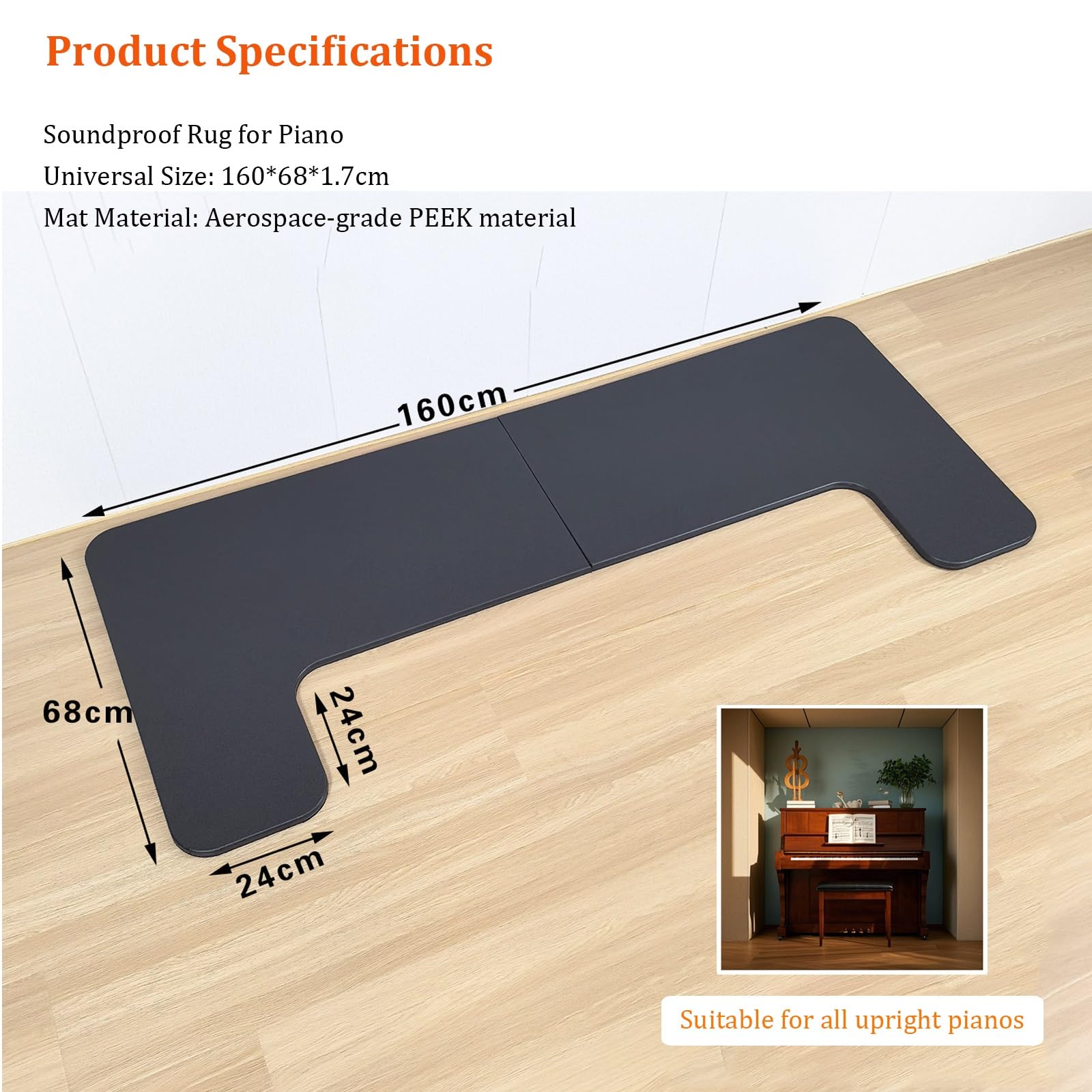 Tappetino insonorizzante per pianoforte in PEEK di grado aerospaziale, 160x68 cm, tappetino antivibrazione per pianoforti verticali, resistente e ignifugo, per la riduzione del rumore