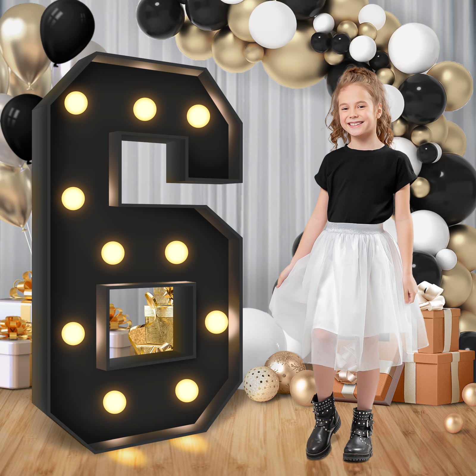 3.3FT Marquee Numbers, Black Light Up Numbers for 6th 16th 60th Birthday Party Decorations with Assembling Tools, Large Foamboad Mosaic Balloon Frame for Anniversary Engagement Party Decor, Number 6