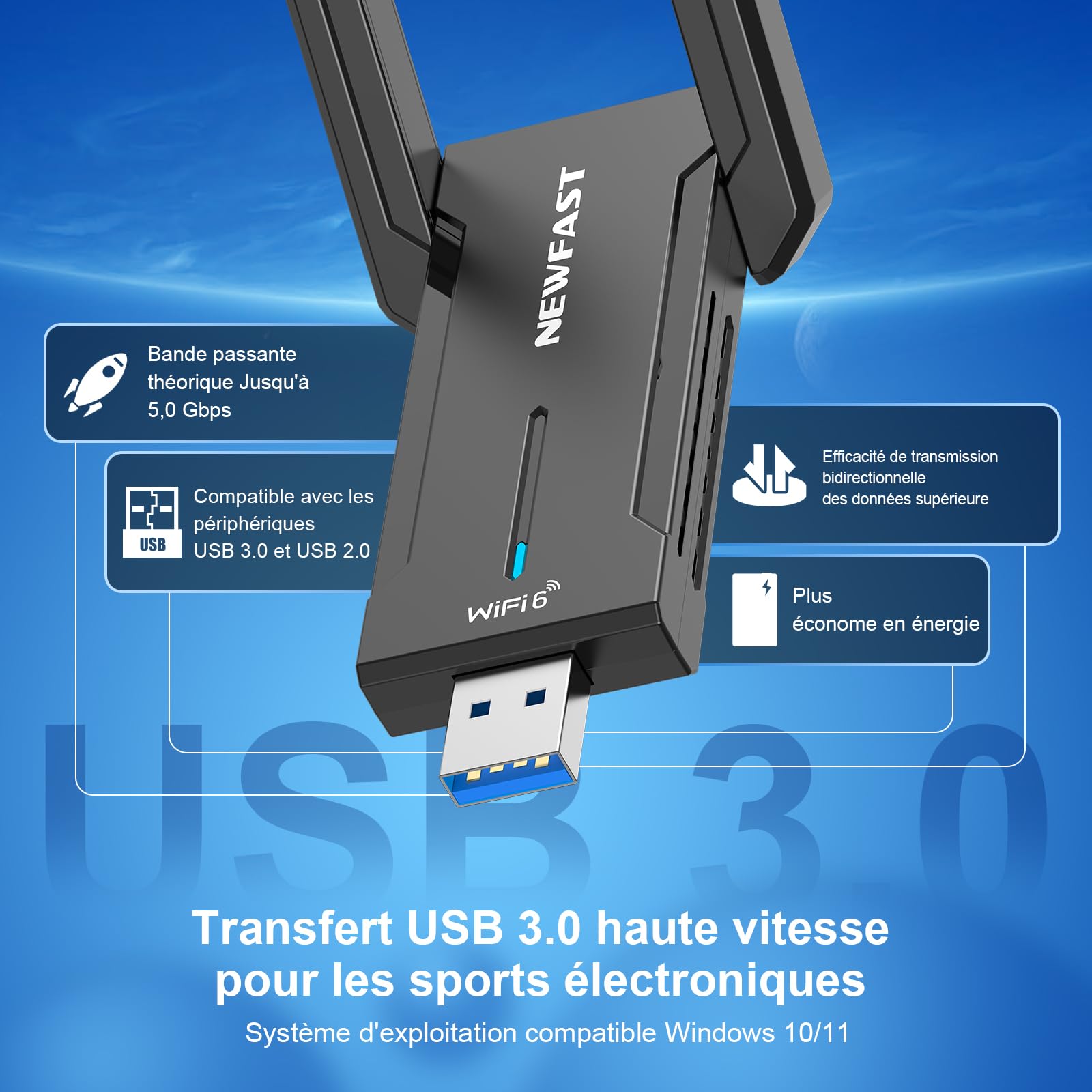 NEWFAST Clé WiFi 6E AXE5400 NF-U353, Tri-Bande USB 3.0 Adaptateur WiFi 6GHz WPA3 pour PC Windows 11/10