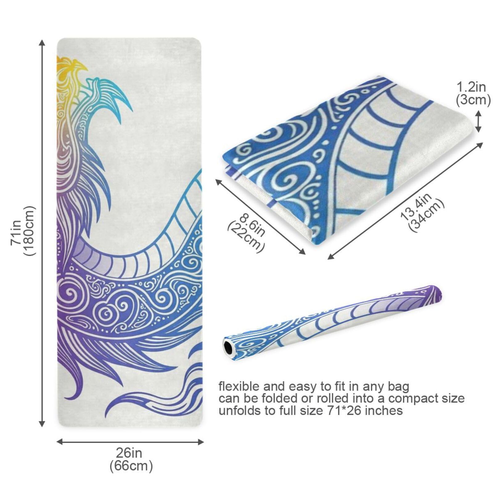 Dragon Art - Tapete de yoga fino con estampado colorido y estético antideslizante de 1 mm de grosor para yoga caliente, antideslizante, con bolsa para ejercicio, 180 x 66 cm