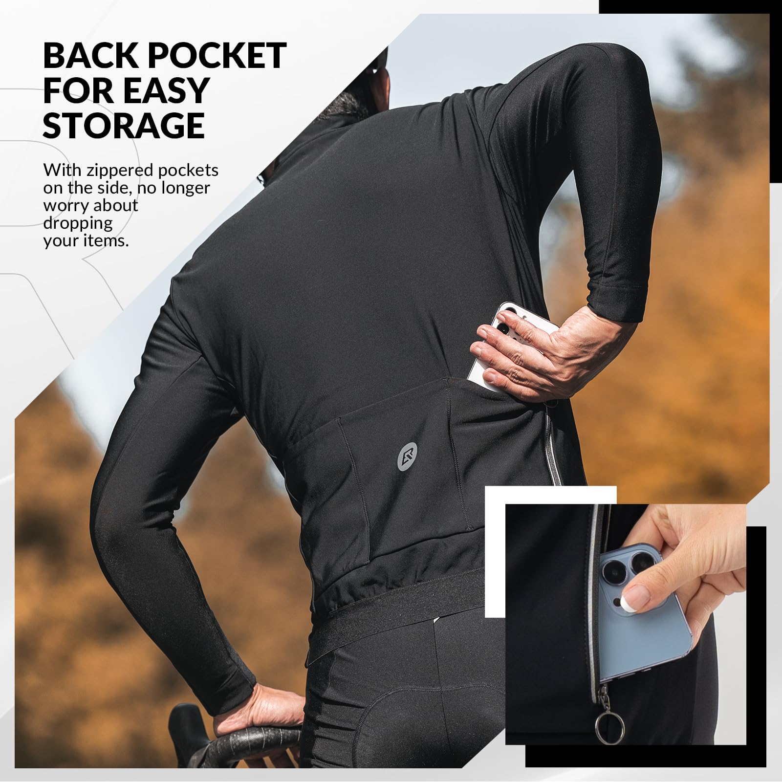 ROCKBROS Maglia Termica da Ciclismo a Maniche Lunghe da Uomo Inverno | Traspirante ed Elastica con Tasche, Maglietta Termica, Abbigliamento per Bici MTB Corsa, Nero, S