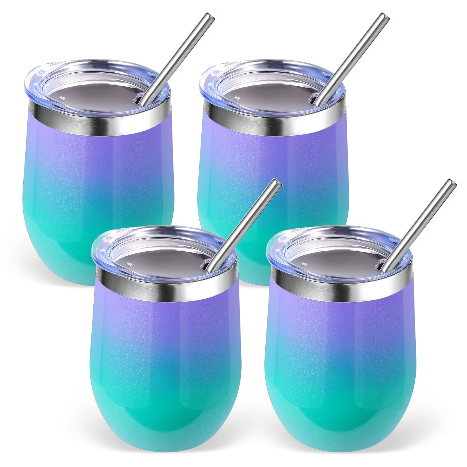 Volhoply 12oz Stainless Steel Wine Tumbler with Lid Bulk 4 Pack,Double Wall Vacuum Stemless Wine Glasses,Reusable Metal Travel Coffe Mug with Straw,