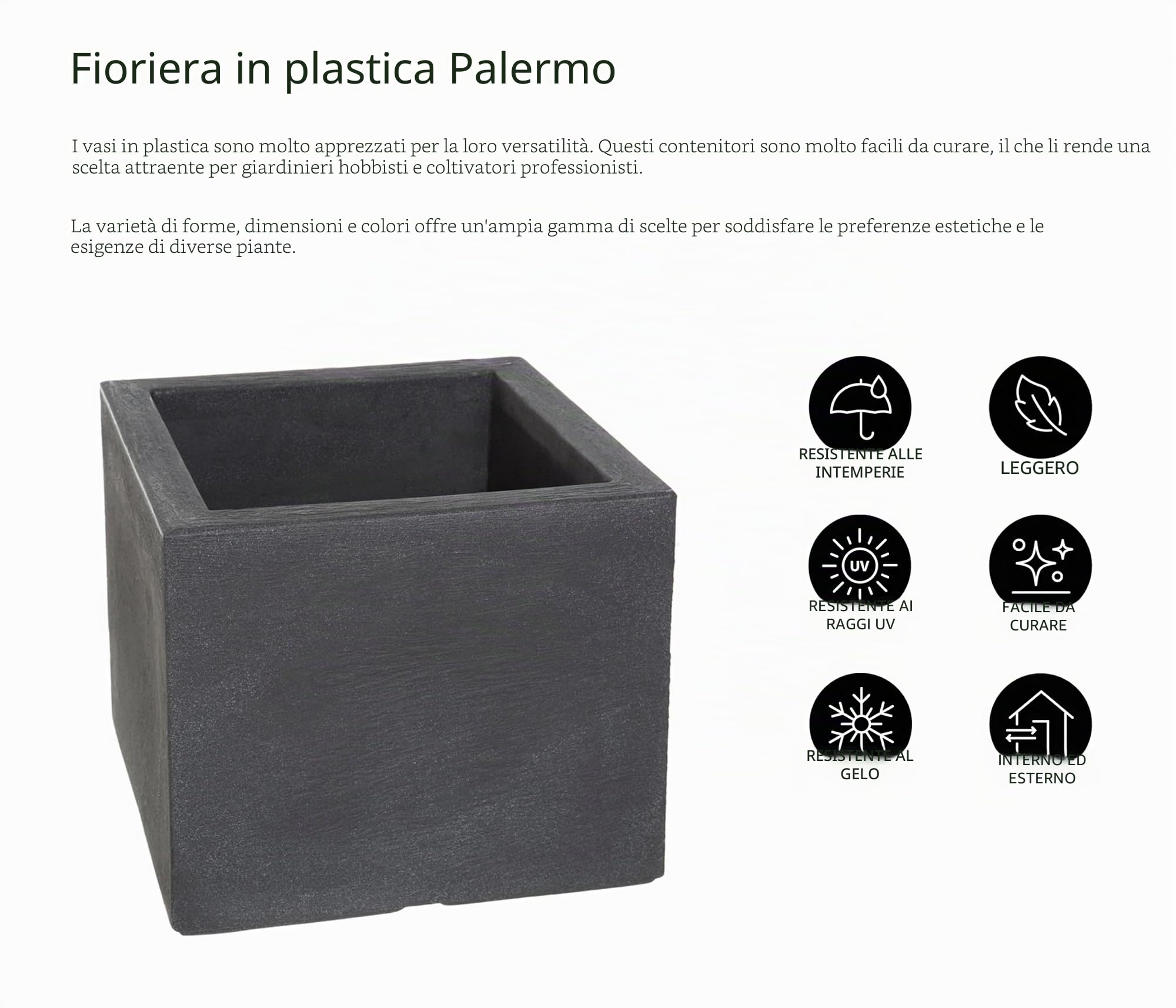 Dehner Palermo - Vaso per fiori in plastica leggera effetto ardesia, colore antracite, per interni ed esterni, per piante, resistente al gelo, ca. 50 x 50 x 40 cm