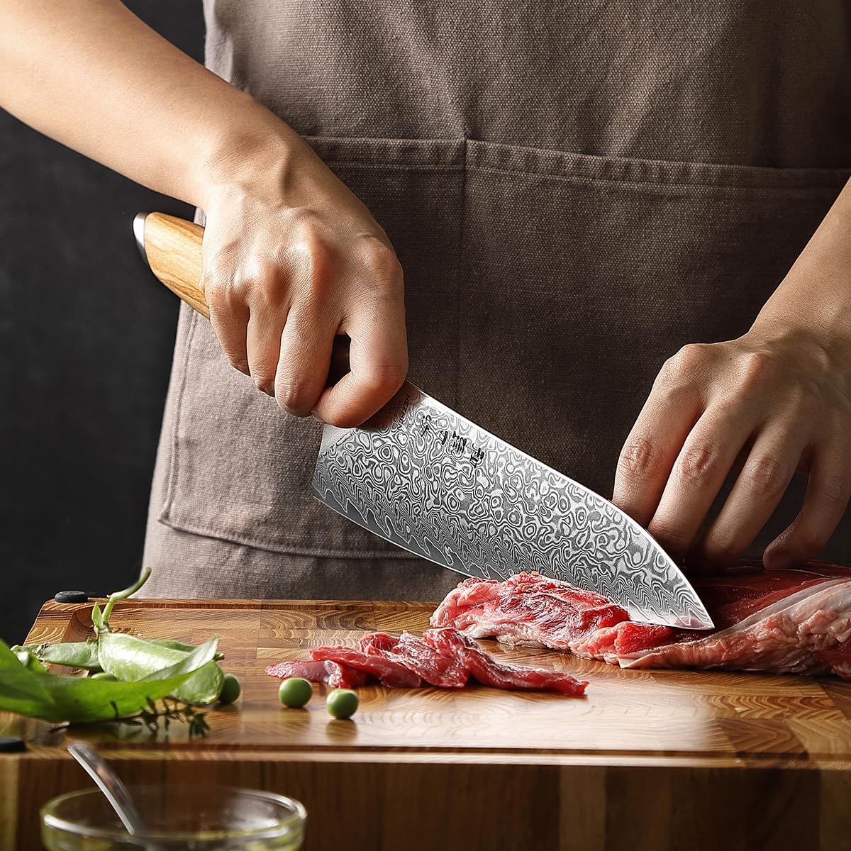 HEZHEN Cuchillo de Cocina Damasco, 21CM Cuchillo Chef de Acero Damasco de 73 Capas, Cuchillo de Cocinero Profesional Mango de Madera de Olivo