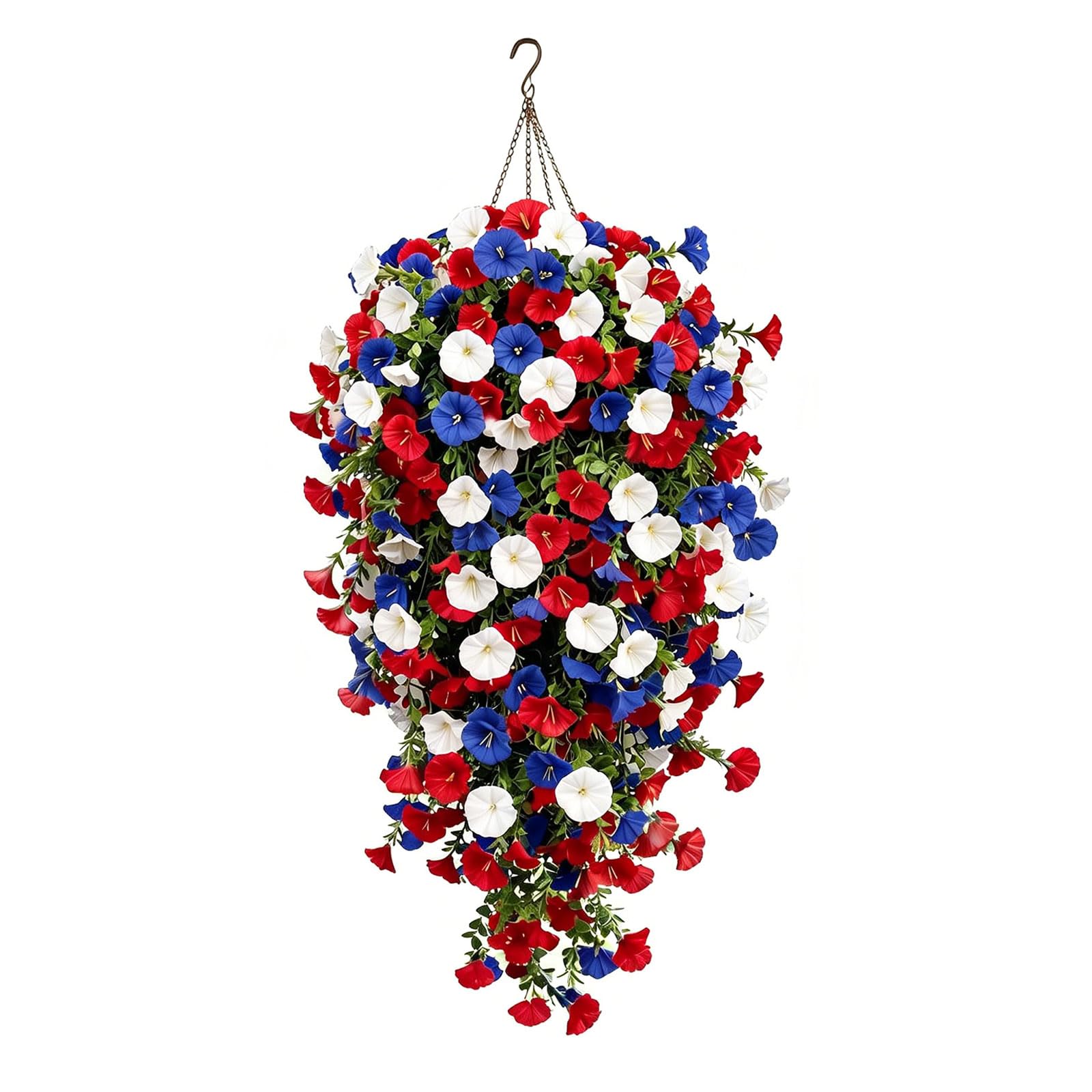 White Blue Artificial Flower Hanging Basket for 4Th of July Patriotic 250Th America Memorial Independence Day Decors Patriotic Hanging Flower Basket
