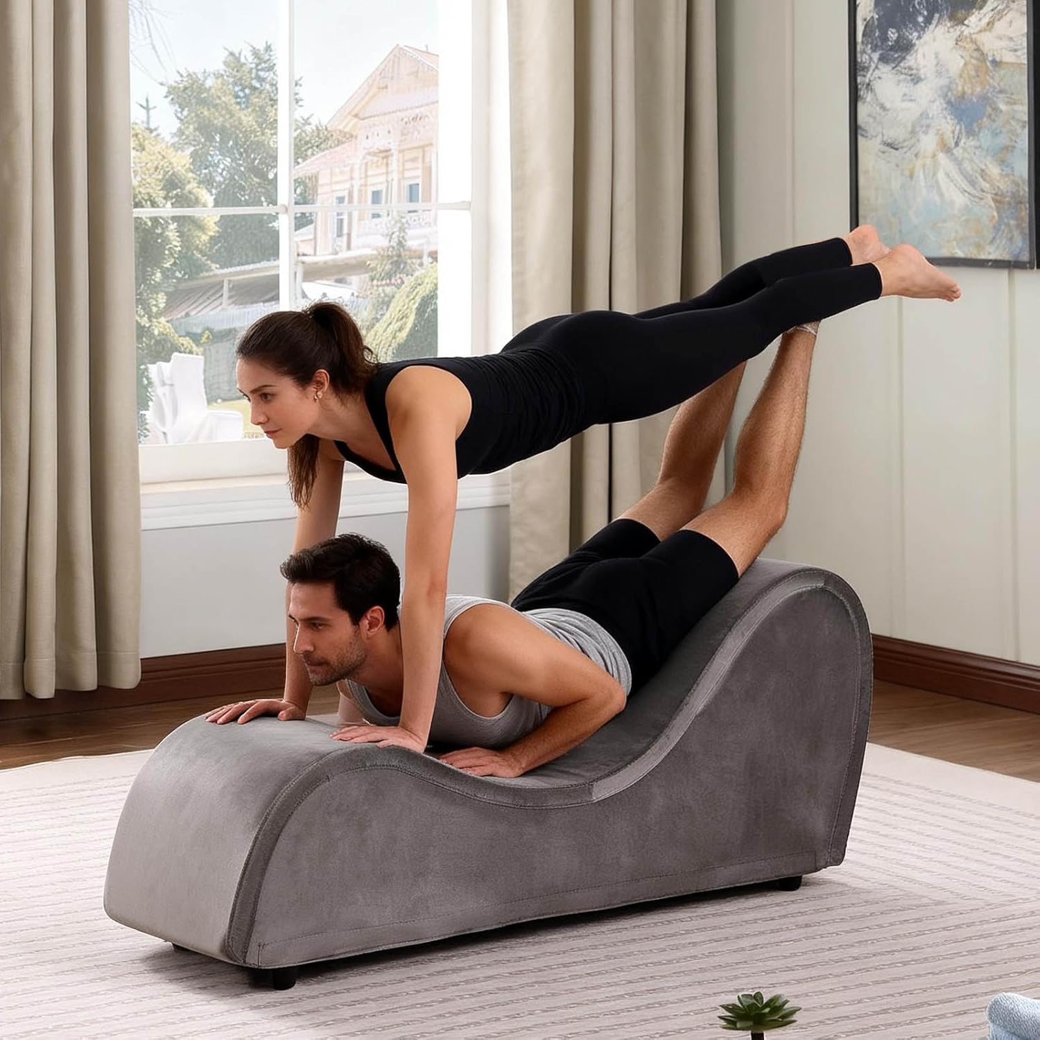 Comfortable Grey Chaise Lounge, Sofa Couch Sleeper Chair for Stretching, Relaxation, Exercise, Metal Frame-500 Pounds Capacity, Velvet Removable Cover