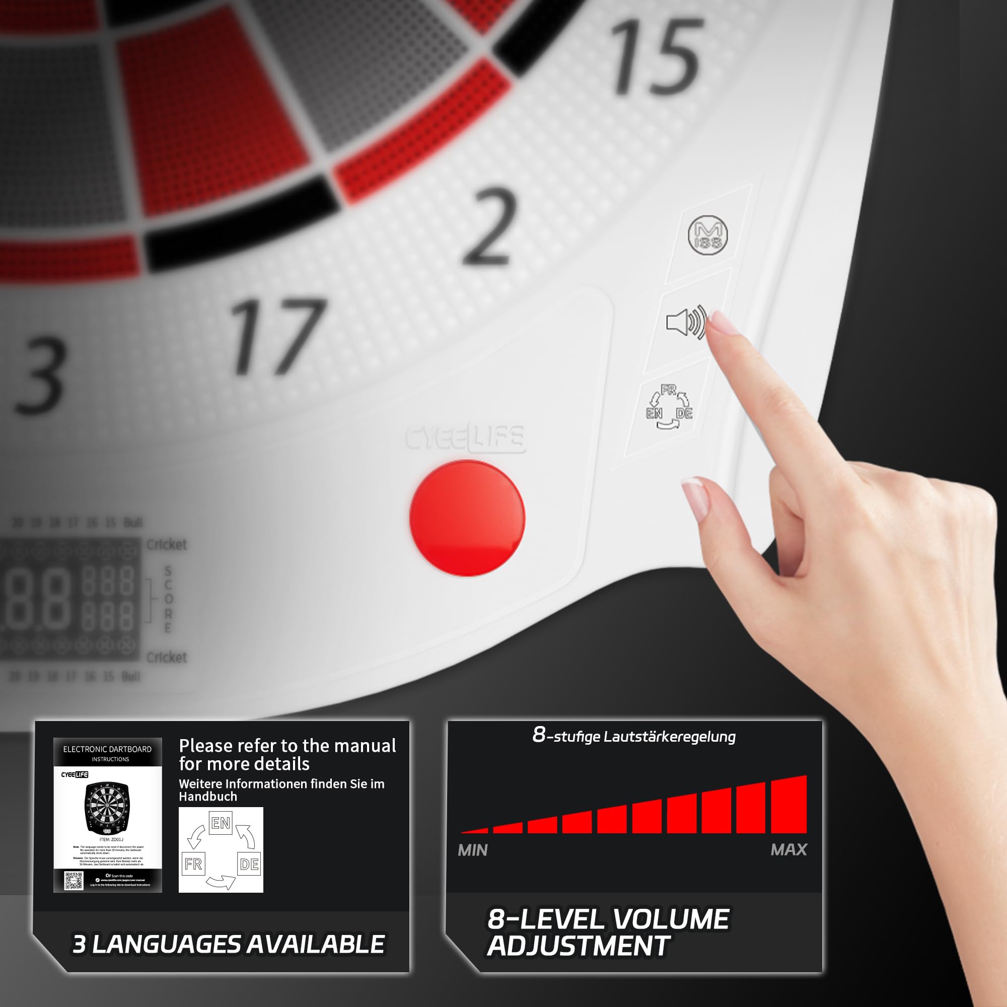 CyeeLife Diana electrónica Profesional con Dart Throw Line, 34 Juegos y 355 variaciones, Diana Profesional para baterías/Adaptador para 1 a 8 Jugadores con 12 Dardos - No Data Cable ！