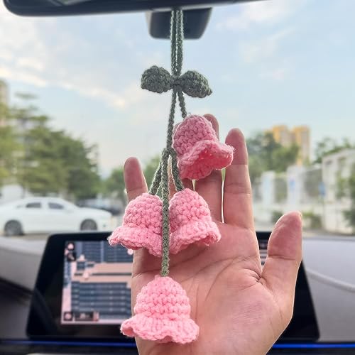 Miniatura 7 de Accesorios para colgar espejos de automóvil, colgante de flor de lirio tejido hecho a mano, bonita decoración colgante de ganchillo para espejo