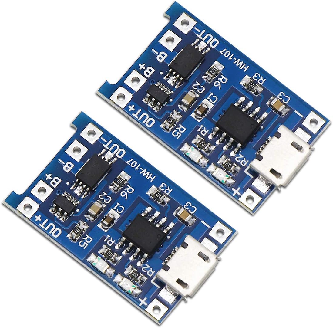 Pack of 2 TP4056 Micro USB Lithium Battery Charging Converter with Overcharge Discharge Over-Current Protection Charging Board (5V,18650)