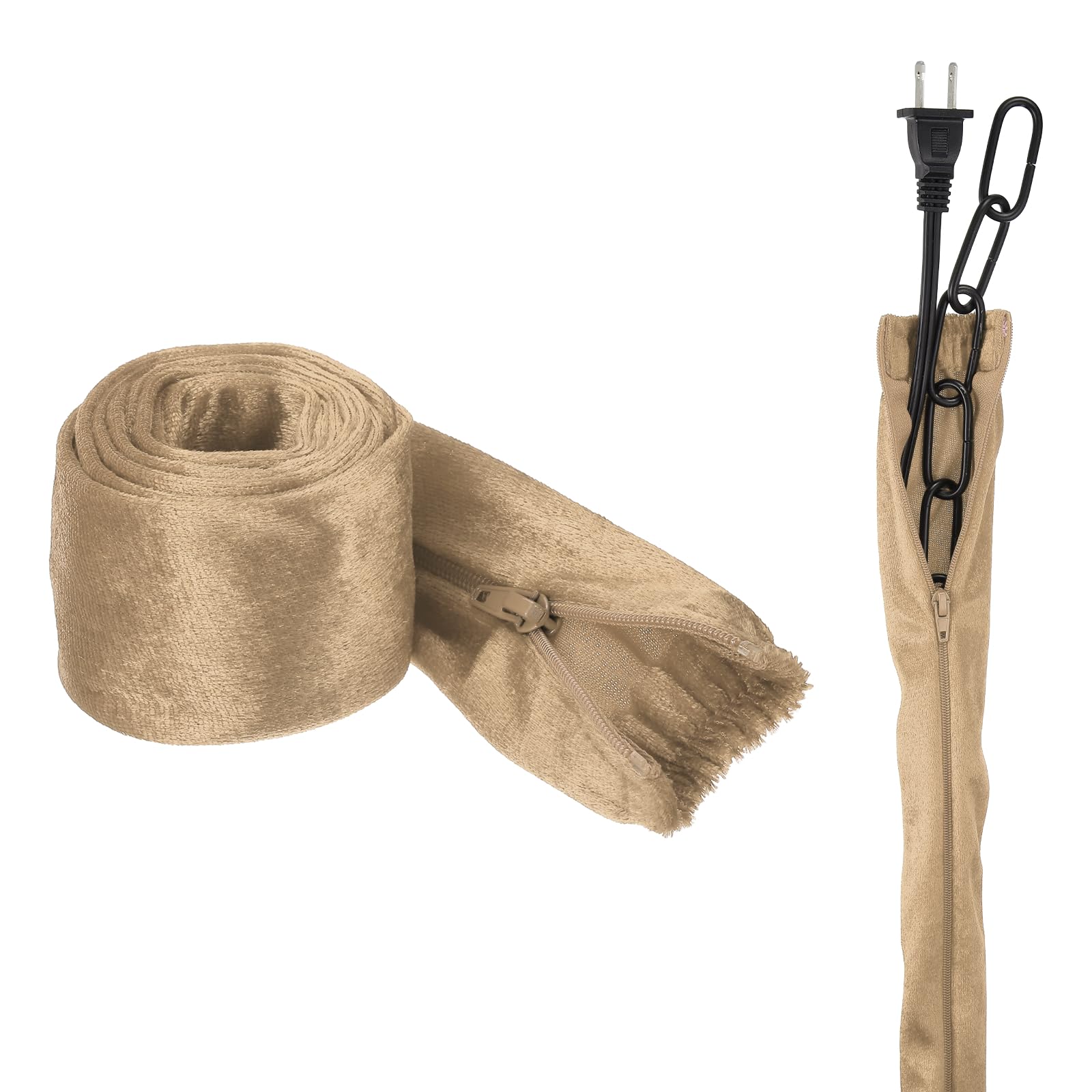 sourcing map 12m Chandelier Fabric Chain Cover, 2Pcs Velvet Fabric Cord Cover with Zipper, Decorative Cloth Swing Chain Sleeve for Candle Chandelier Crystal Light Cable Wire, Apricot