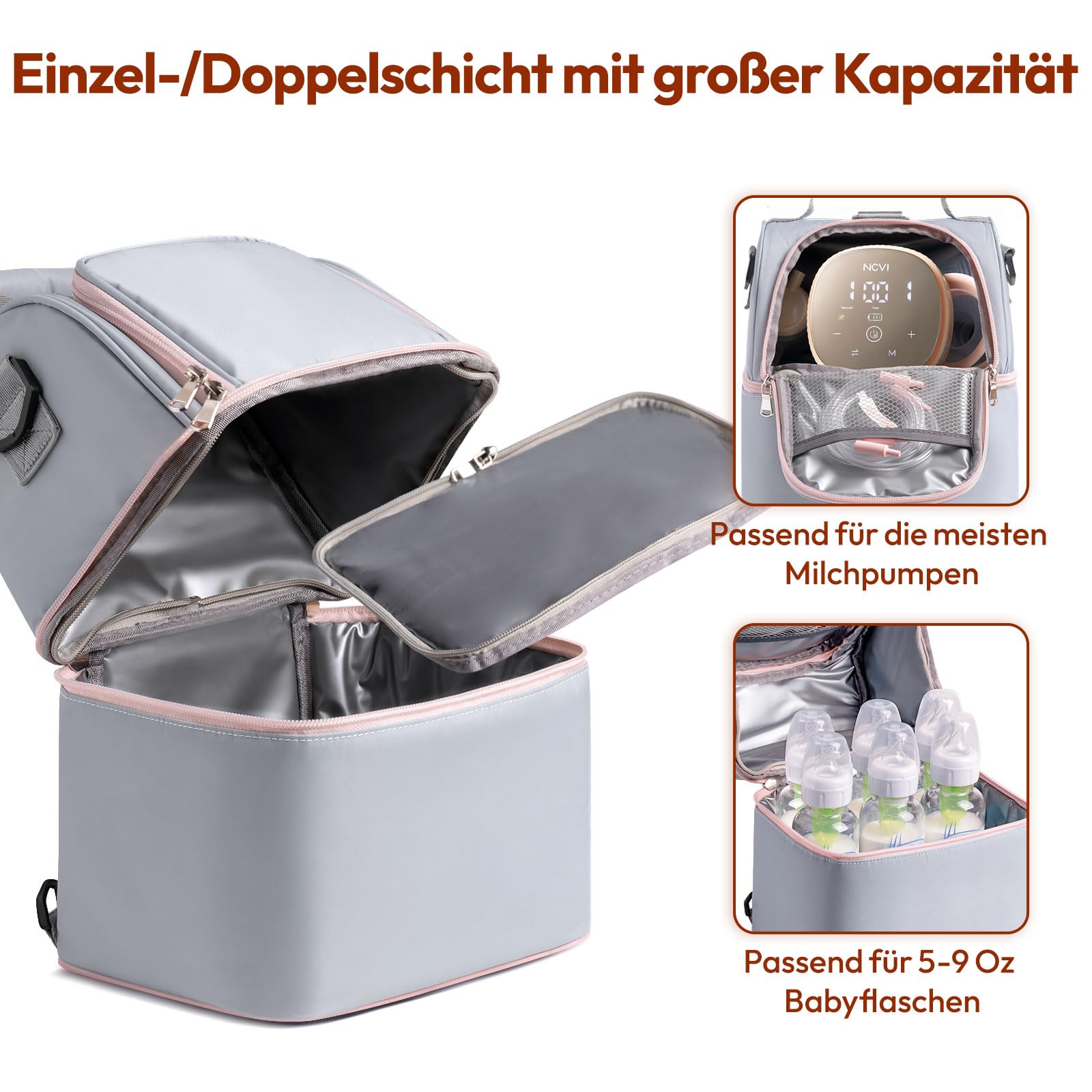 NCVI Muttermilch Kühltasche, isolierte Babyflaschentasche mit Eisbeutel für 6 Flaschen bis zu 270 ml, Isoliertasche mit Eisbeutel für Stillende Mütter, Milchpumpentasche, Wickel Rucksack