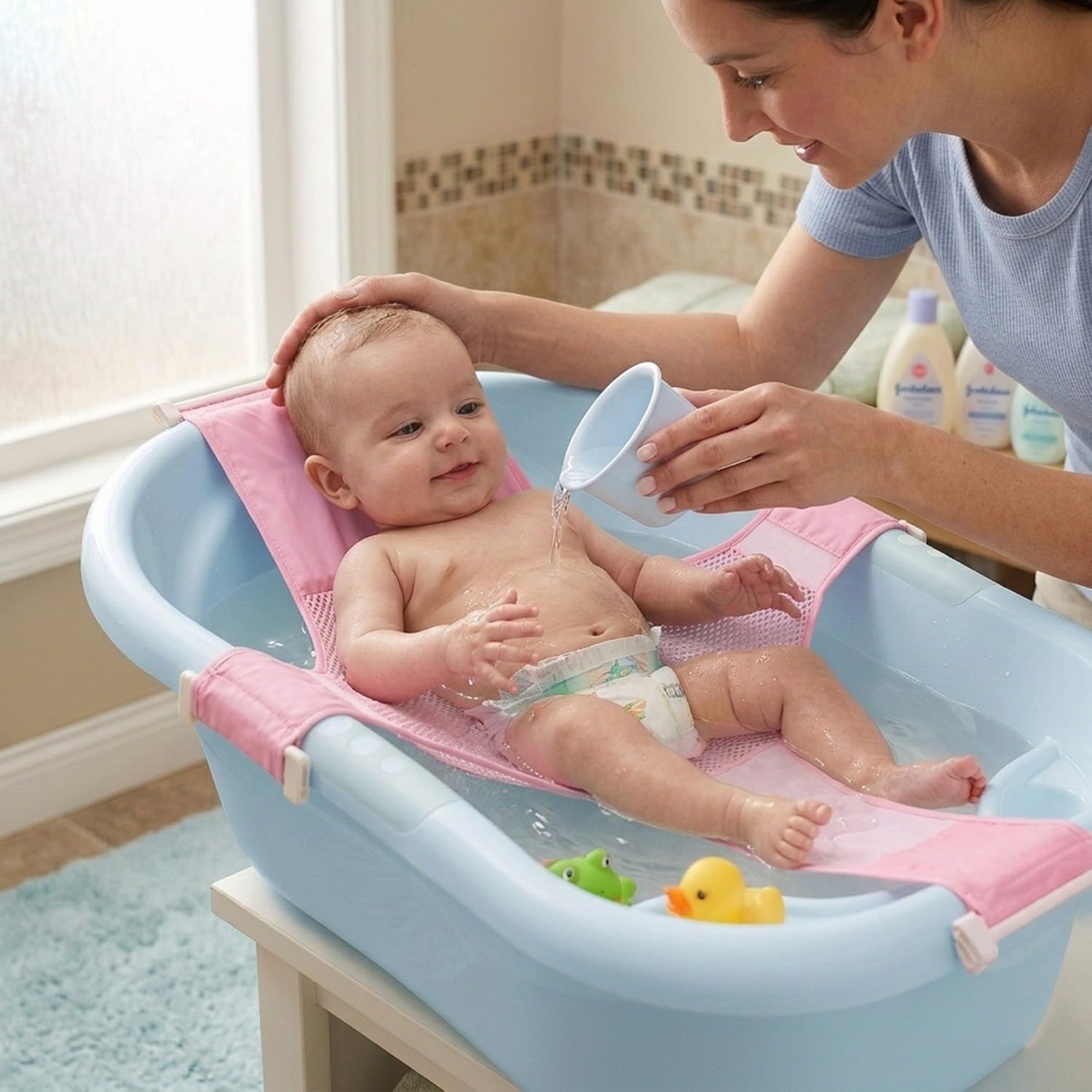SYGA Bath Seat Support Net Non-Slip Bathtub Sling Shower Mesh Bathing Cradle Rings for Tub (Pink)-image-15