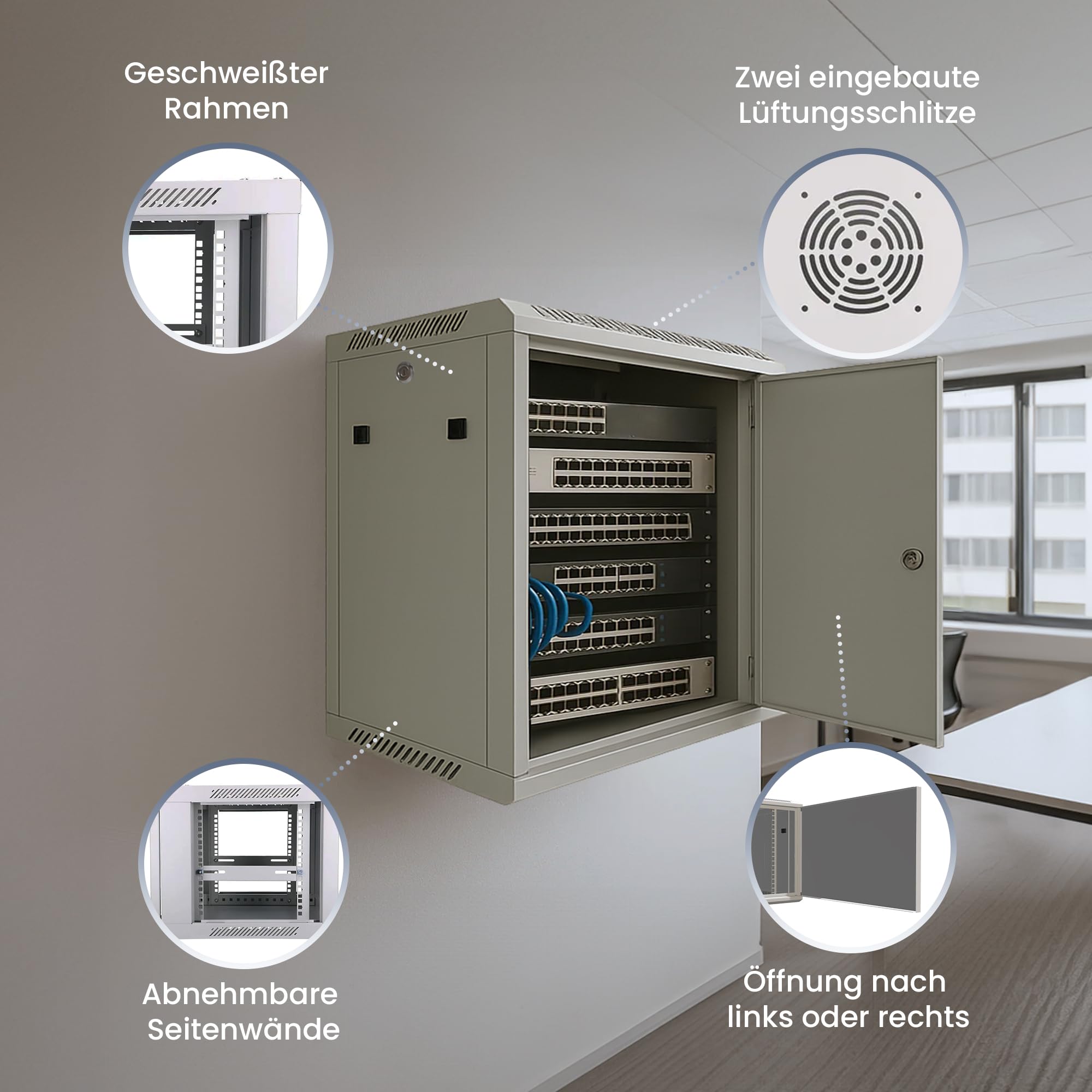 Extralink Serverschrank 19 Zoll 6HE – Netzwerkschrank 600mm Tiefe zur Wand- oder Standmontage, Traglast 60 kg, Metall-Gehäuse, abschließbar 180° Öffnung, grau – ideal für Heimnetzwerk & IT-Geräte