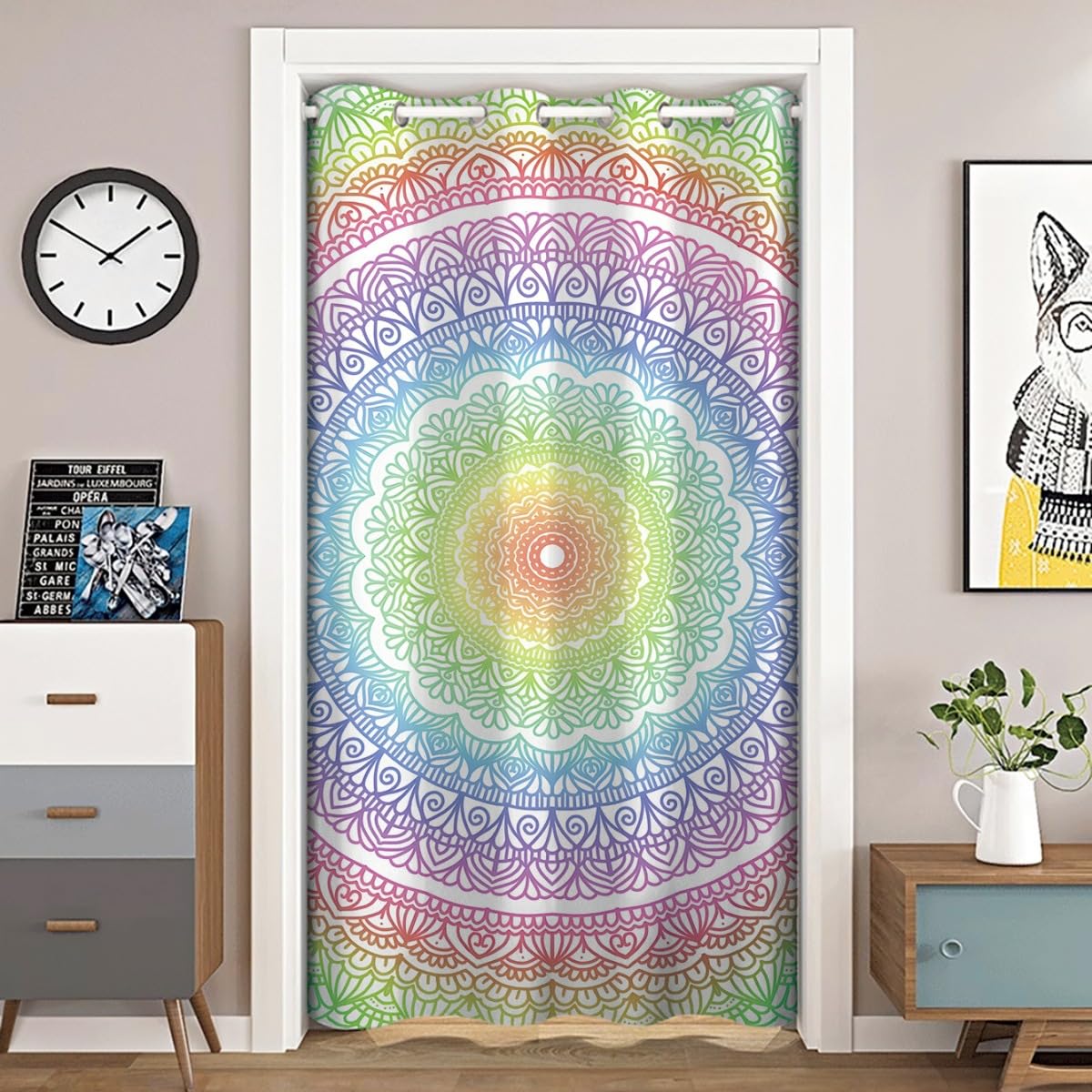 Tenda oscurante per porta, stile mandala, stile bohémien, floreale, in poliestere, decorativa, con tasca per bastone, divisorio per la privacy, per soggiorno, camera da letto e balcone (#8