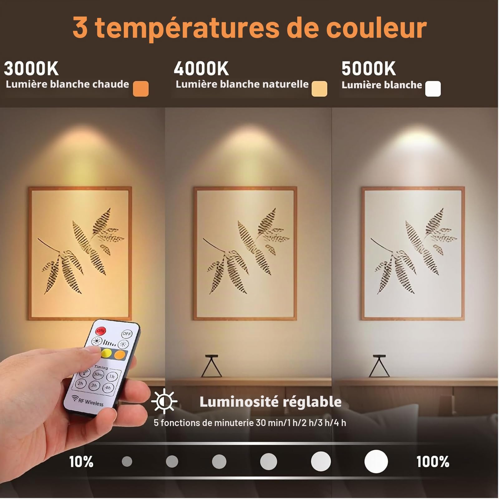 MIOBLUE Spot LED rechargeable par USB avec télécommande,3températures de couleur,à intensité variable,sans fil,avec fonction de minuterie pour art, plantes, portraits,1 pièce [Classe énergétique A+++]