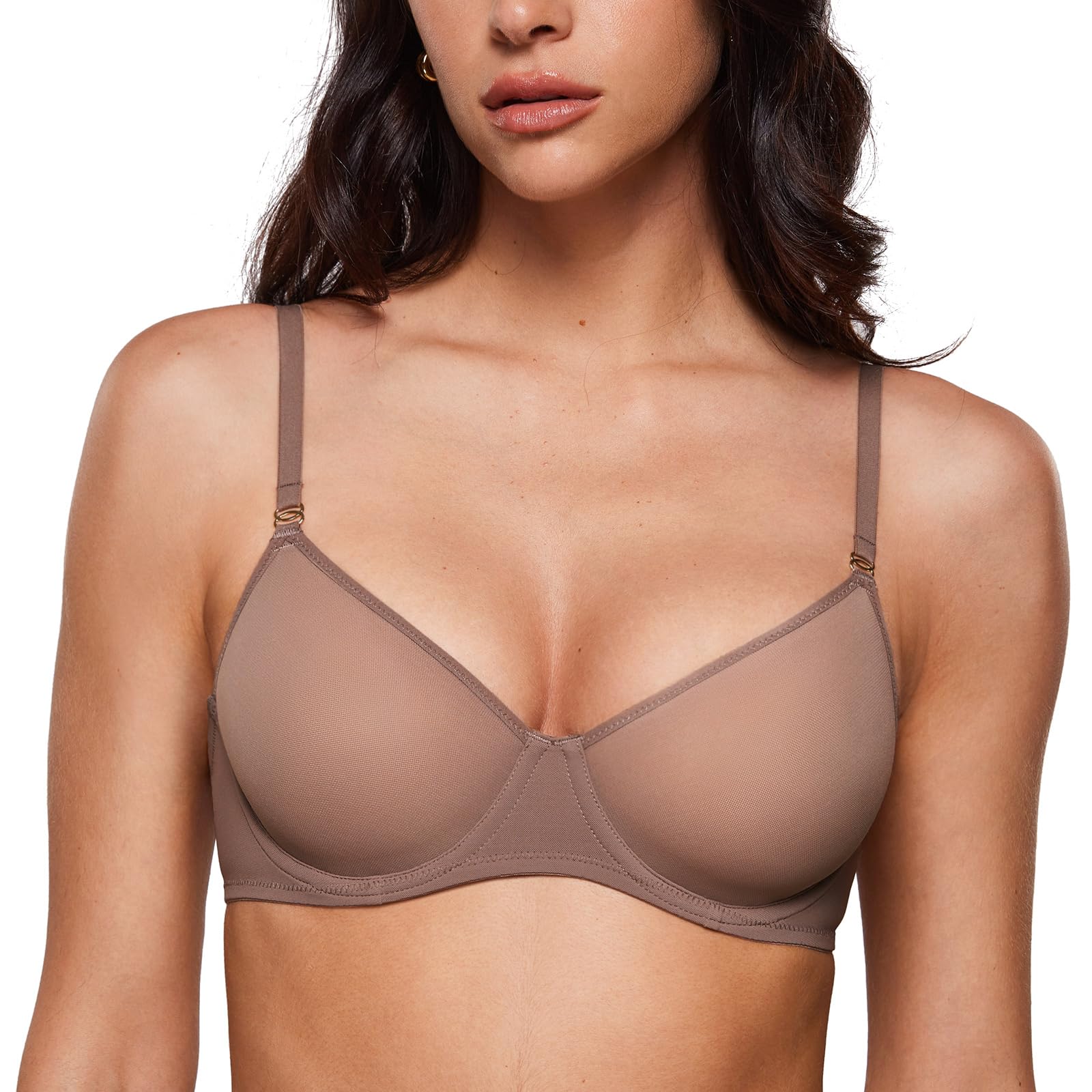 INLYRIC Women's Sheer Demi Balconette Bra - Sexy Mesh Unlined Underwire See Through Demi Bras Brown Purple 34A