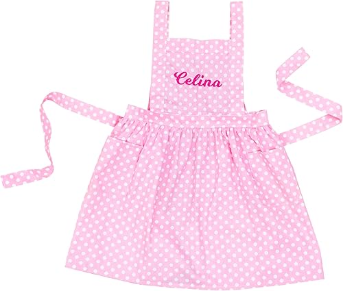 MT WORLD Delantales personalizados para niñas, delantales de lunares con espalda cruzada y bolsillos