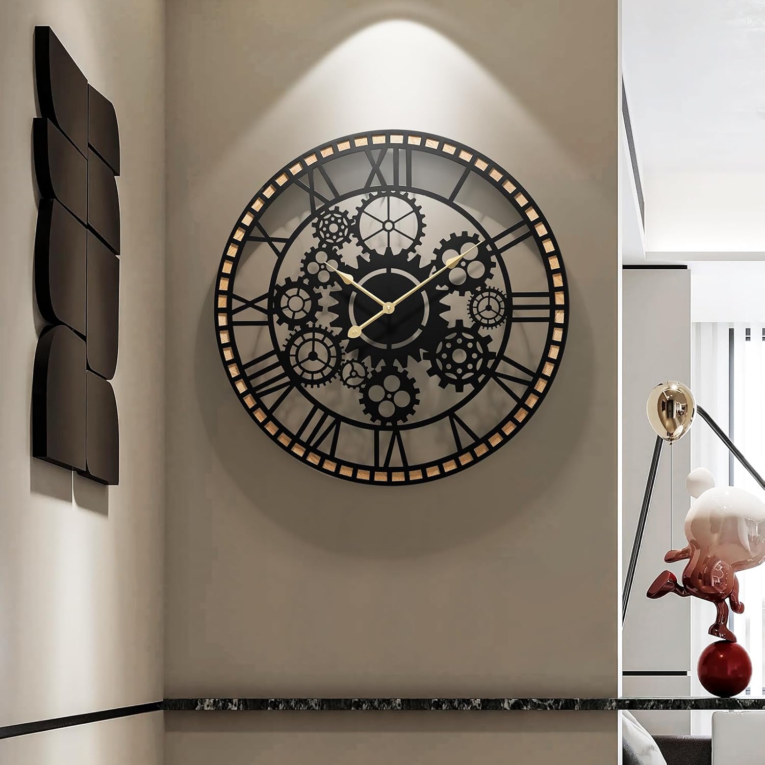 Large Farmhouse Wall Clocks for Living Room Decor，Industrial Gears Large Round Wall Clock 24 Inches or Larger with Wooden Clock for Office,Living Room,Kitchen,Dining Room Decor