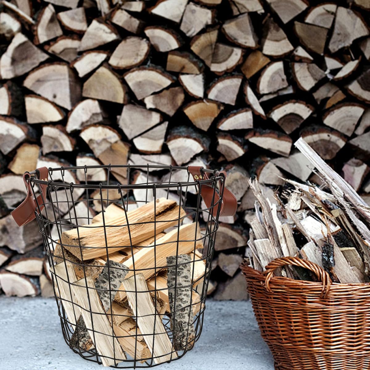 Cesto Rotondo Grande Capacità per Legna con Manico in Ferro e Design Rustico Stile Country per Uso Domestico e Campeggio