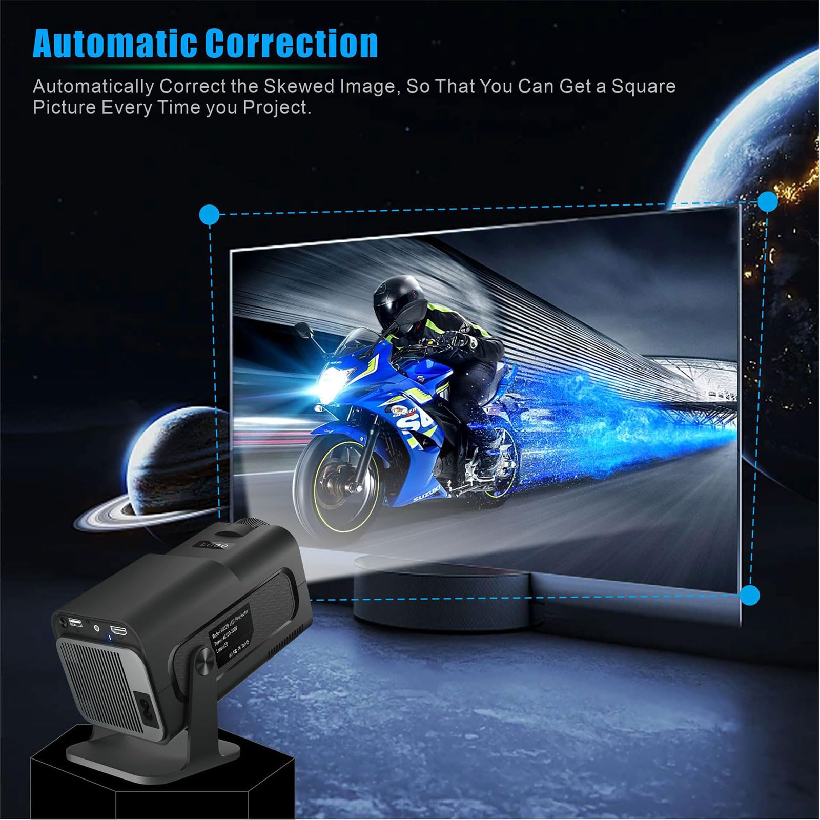 Proiettore intelligente Full HD 1080p, connettività wireless, effetti visivi 4K, rotazione a 180°, correzione trapezoidale automatica, supporto Android