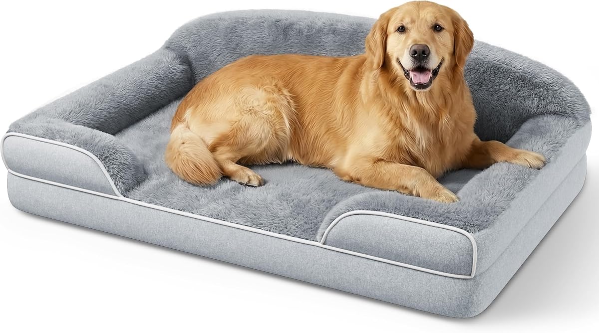 Orthopedic Dog Bed for Extra Large Dogs, 45"x30" XL Dog Couch Bed | Egg Crate Foam for Pressure Relief, Cozy Bolster Sofa Design, Waterproof Removable Washable Cover, Non Slip Bottom Light Grey