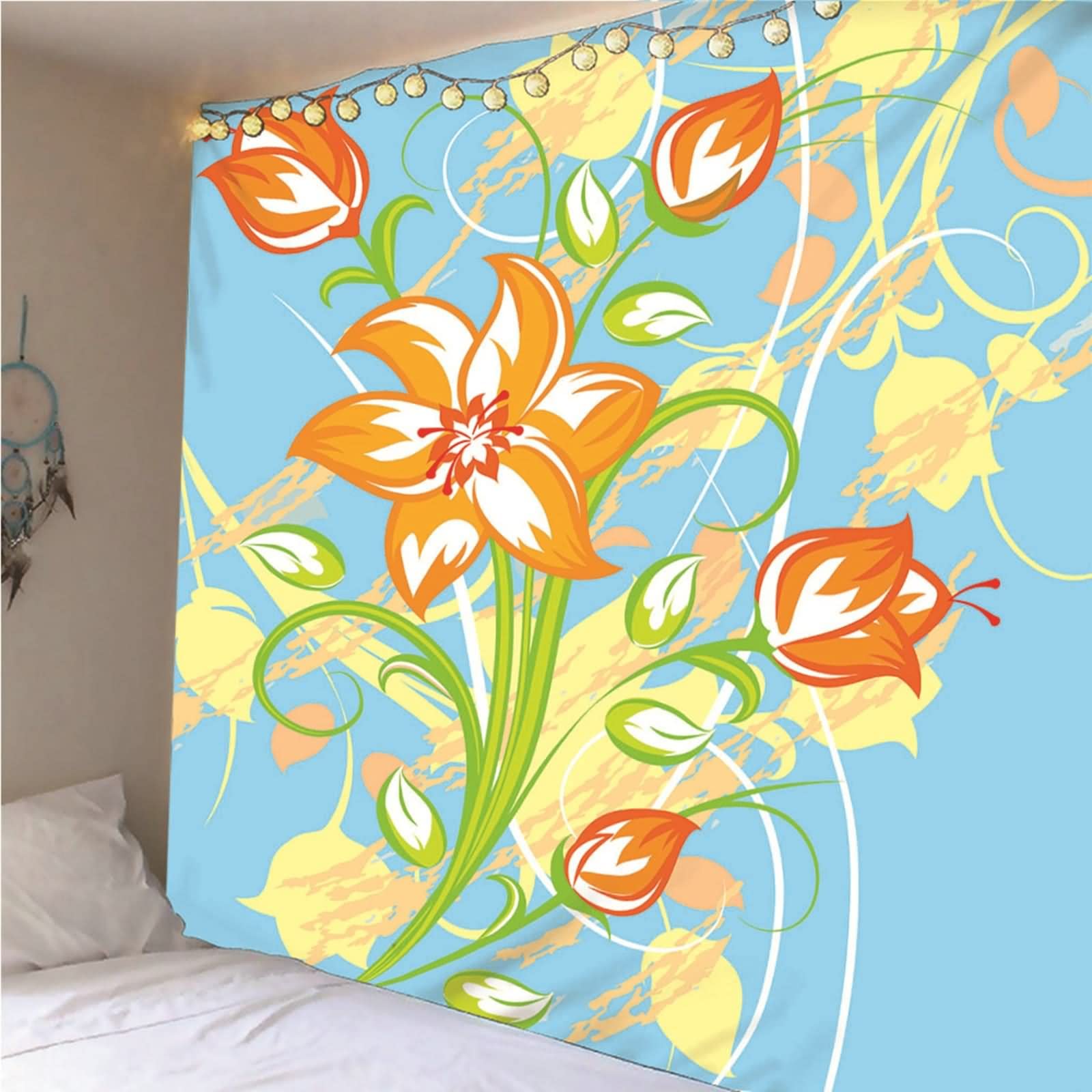 Tapiz Suelo, Decoración Pared Exterior Patrón de Flor de Flor de Tema Floral Poliéster Azul 210x140CM