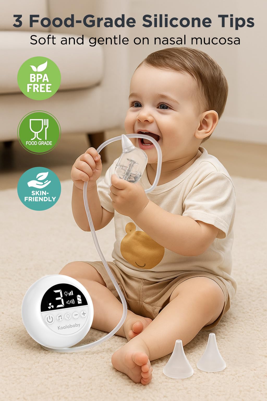 Koalababy Aspirador nasal eléctrico para bebé, succión nasal de grado hospitalario, 9 niveles de succión, ventosa de nariz de bebé, limpiador nasal, luz nocturna y música, puntas de silicona suave