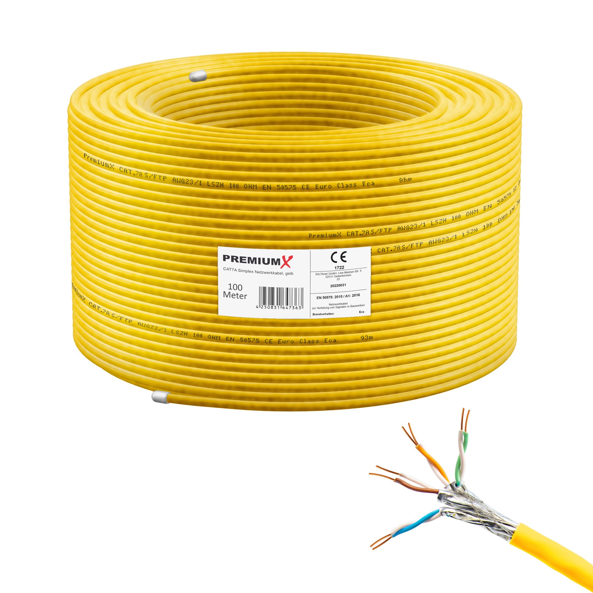 Premium X CAT 7A Cavo di rete 100m - Cavo Ethernet CAT7A Rame Puro - Schermato S/FTP - Cavo dati LAN Gigabit 1200 MHz 4x2xAWG23 PIMF PoE 10Gbit/s Senza alogenuri - Cavo di installazione - 100 metri