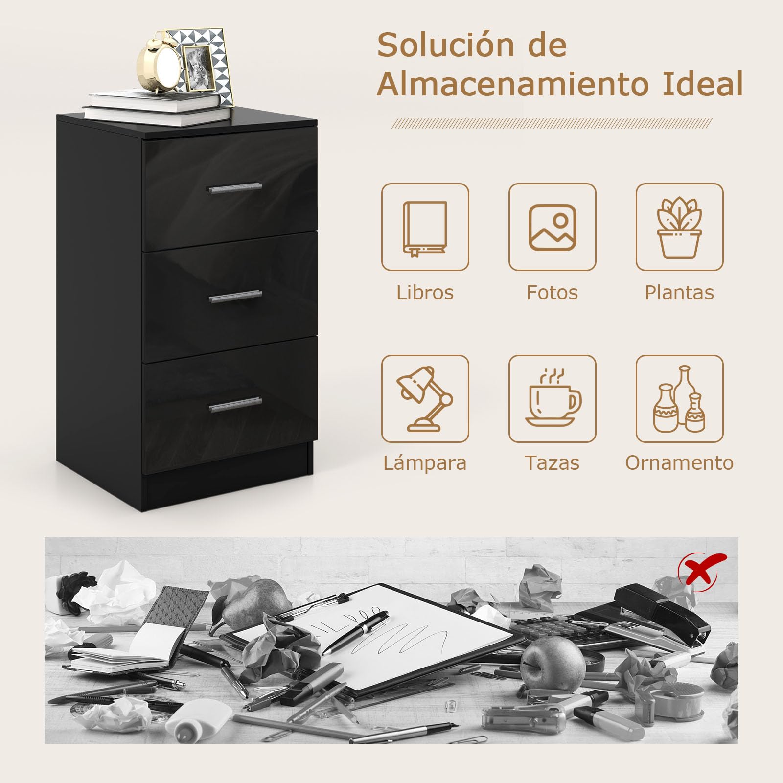 COSTWAY 1 Mesita de Noche con 3 Cajones, Mesilla de Noche de Madera, Archivador con Cajones, Salon Dormitorio Oficina, 37 x 34 x 66,5 cm, Negro