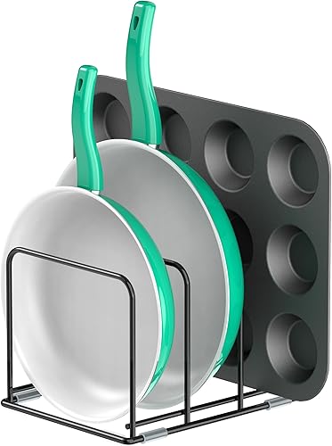 Miniatura 10 de Organizador de armario de cocina, soporte para utensilios de cocina de acero, soporte dividido con 5 ranuras para sartenes, bandeja para hornear y