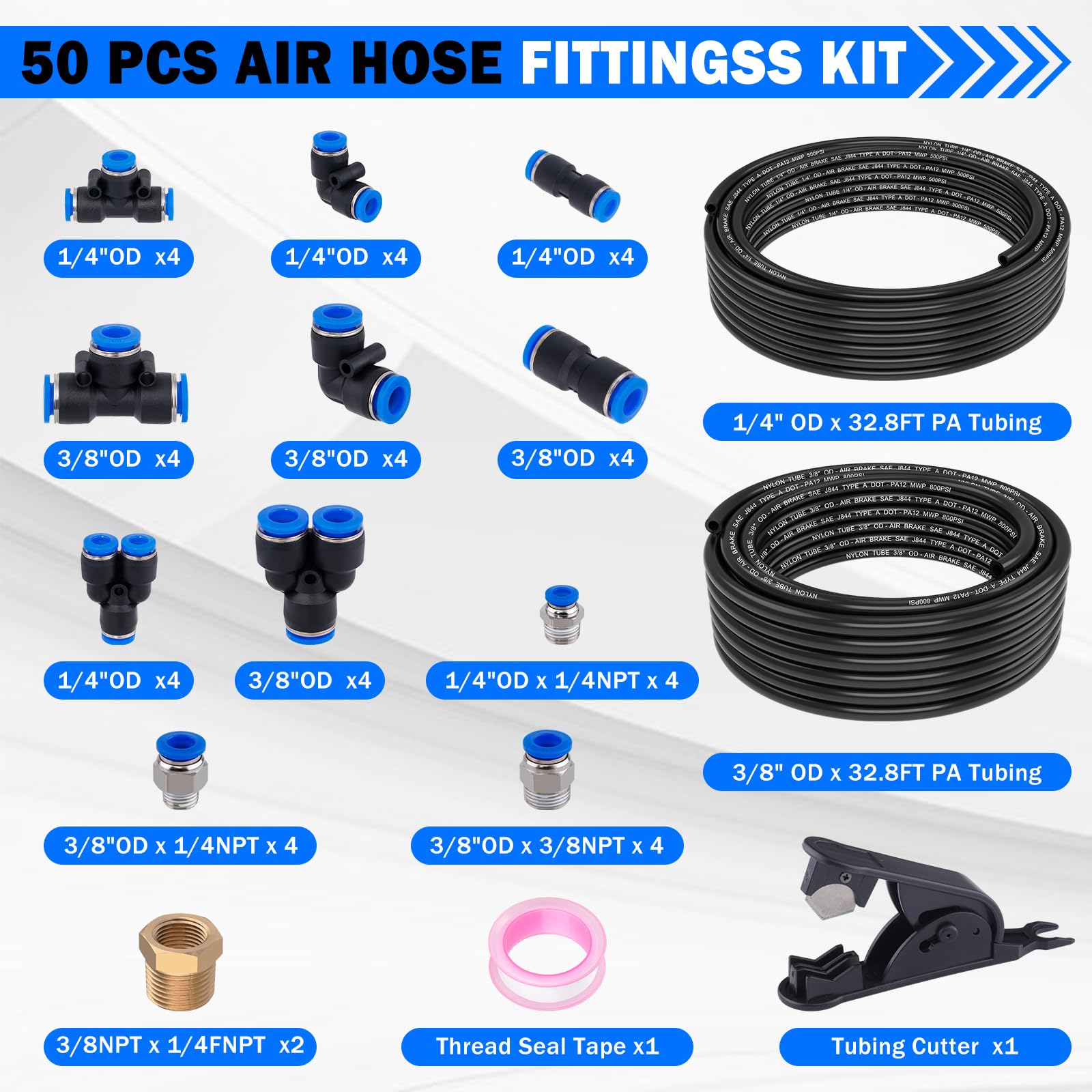 Kit de tubos de línea de aire, accesorios de conexión rápida de línea de aire de 1/4 pulgadas de diámetro exterior x 32.8 pies y 3/8 pulgadas de diámetro exterior x 32.8 pies (10 m) y 3/8