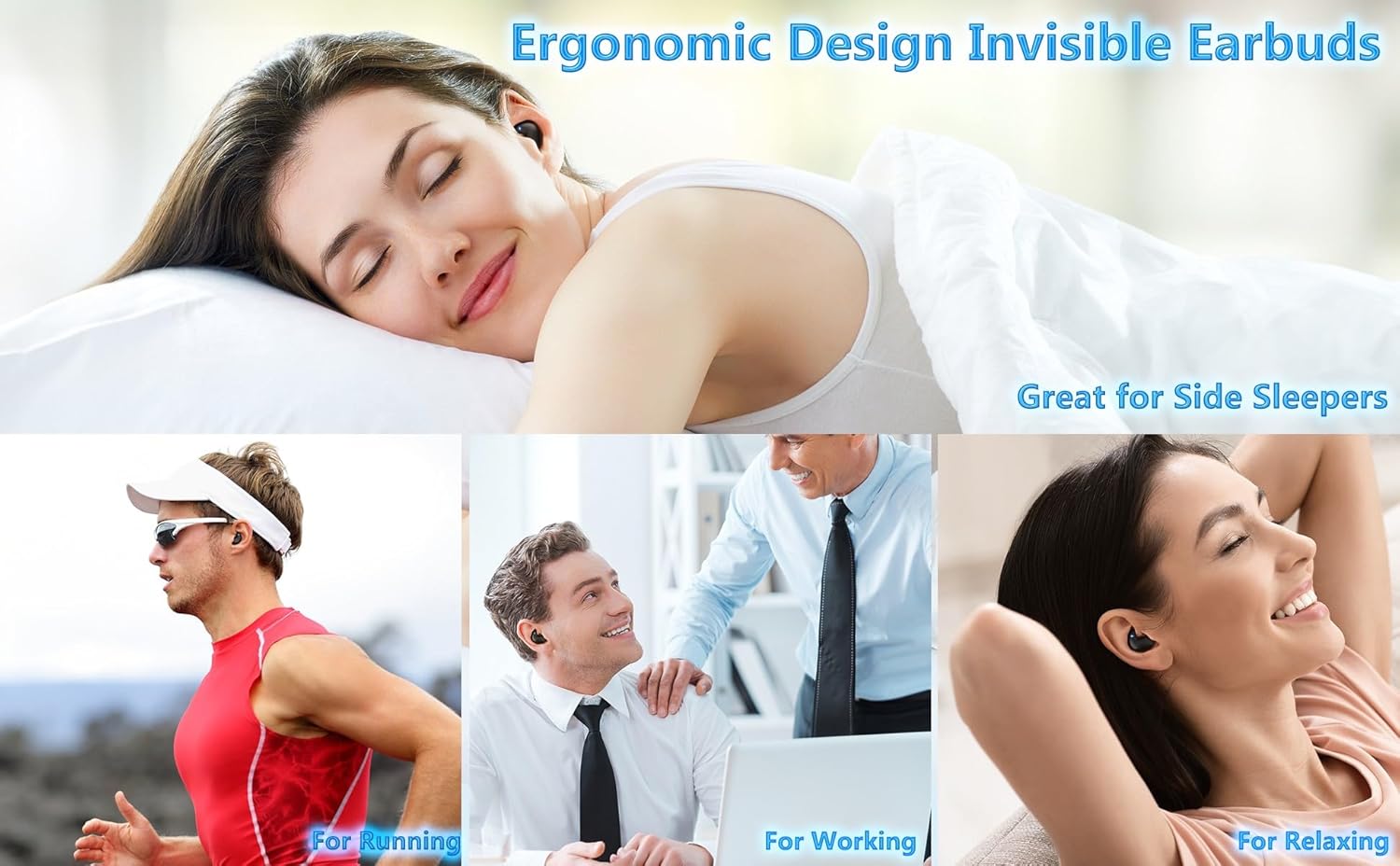 Wireless Invisible Sleep Headphones, Small Flat Fit Comfort Ware Sleeping Earbuds for Side Sleepers, Long Playtime LED Power Display Water Resistant Earphones for Sleeping Running Sports (Black) - Image 2