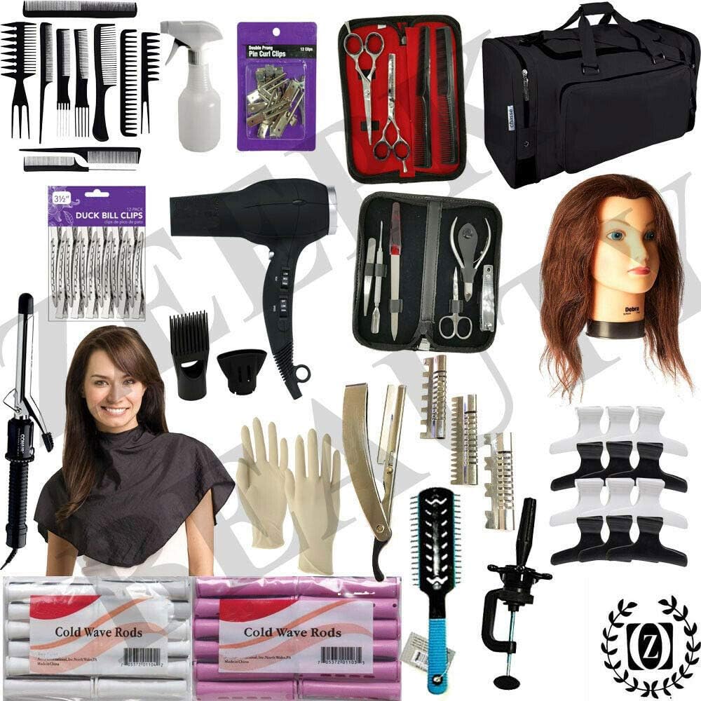 Cosmetology Kit w/Mannequin Head, Beauty School Set or Beginners! Small and Big Wave Rods! Blow Dryer! Shears & Manicure Set! Custom Comb Set! Curling Iron! Hair School Ready!