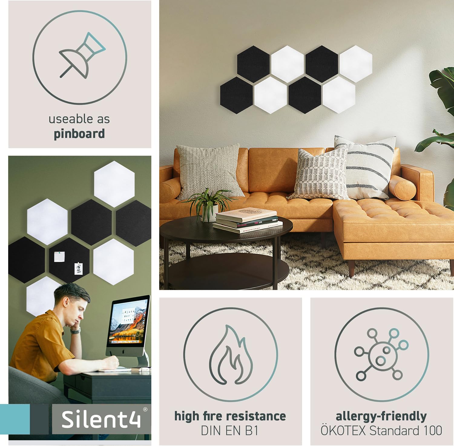 SILENT4® Set di pareti fonoassorbenti HEXAGON, 8 elementi in vello acustico, montaggio adesivo, immagine acustica, miglior suono attraverso i pannelli acustici per l'ufficio, l'home office e il gaming
