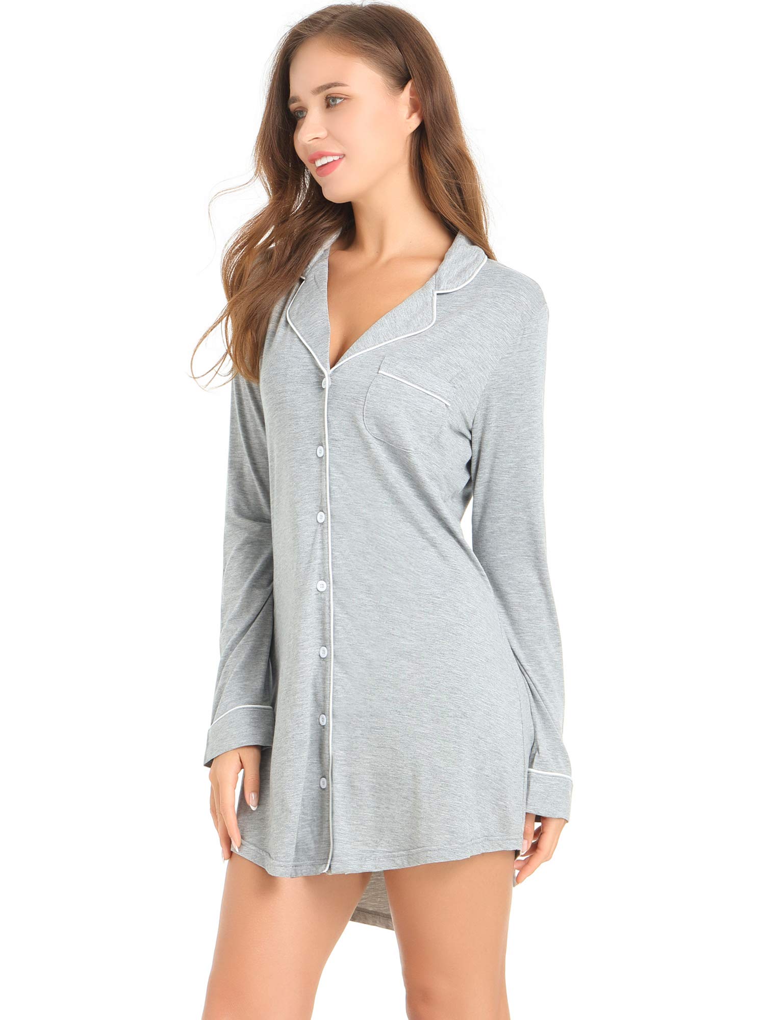Womens Bamboo Viscose Sleep Shirt Long Sleeve Button Down Nightgowns Boyfriend Nightshirt S-XXL