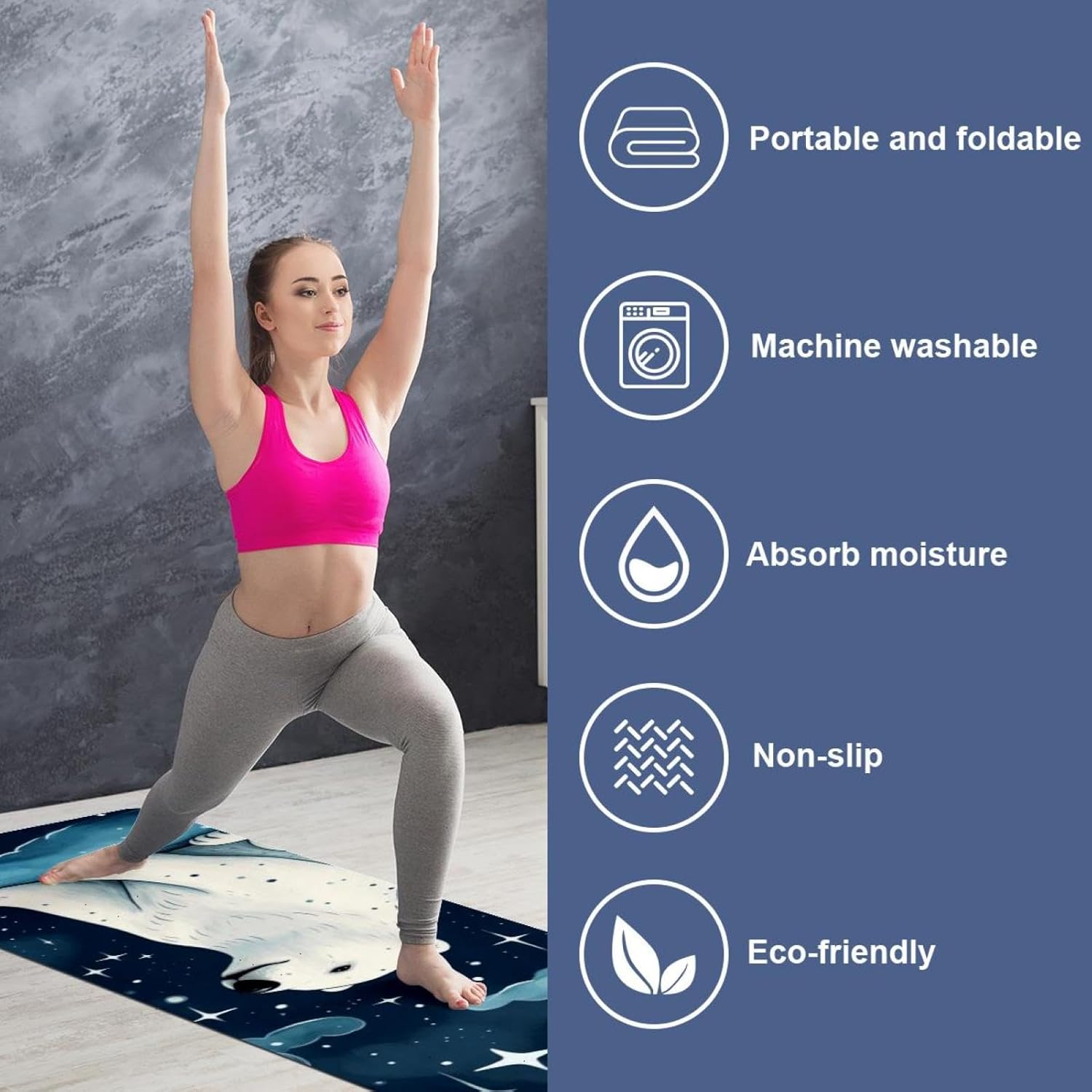 Yoga Towel, Galaxy Bear Pattern Non Slip Sweat Absorbent Hot Yoga Mat Towel for Hot Yoga, Pilates and Fitness - 72.8" x 26.8"