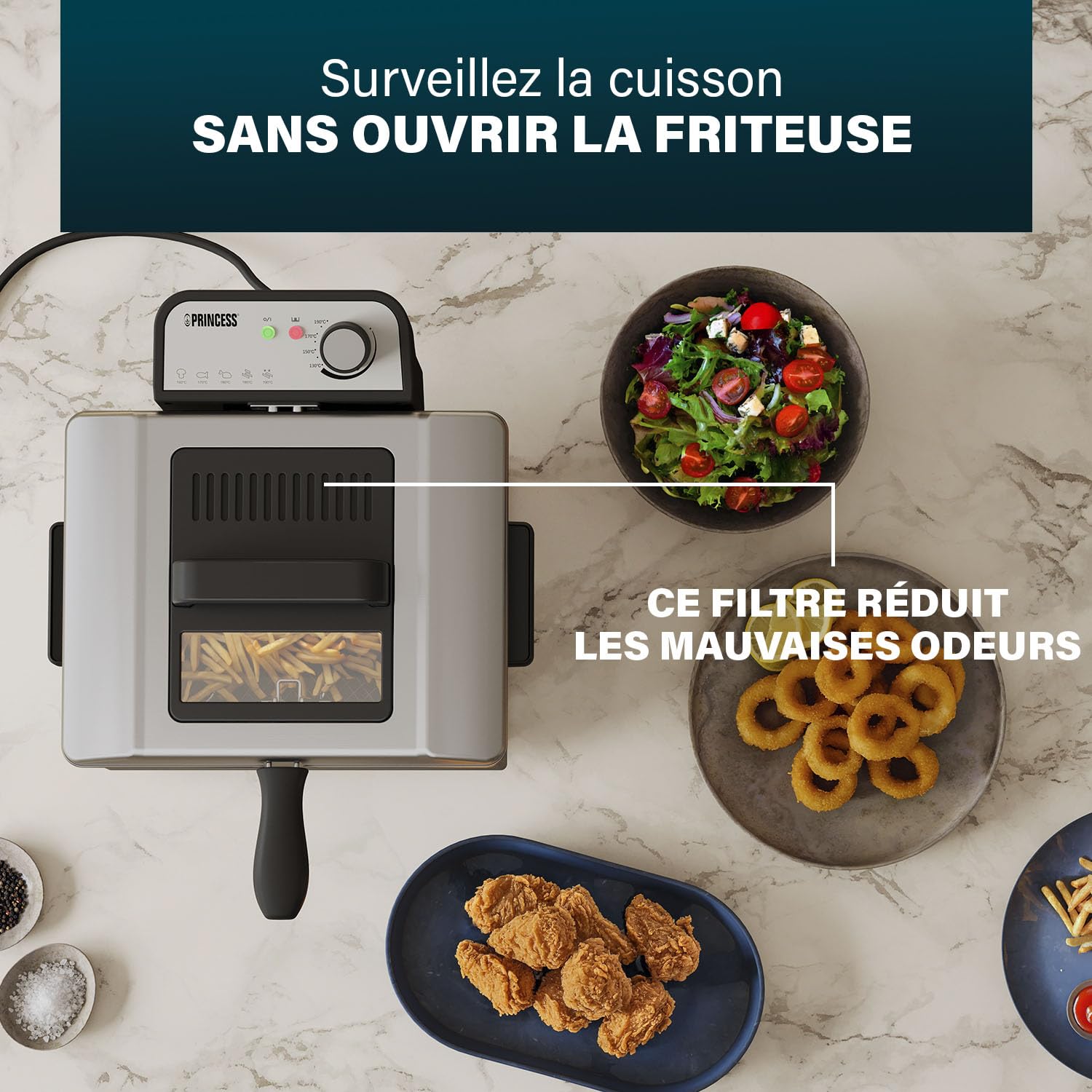 Princess Friteuse, capacité 5 L, 3270 W, technologie de zone froide, hublot, acier inoxydable, double thermostat, facile à nettoyer, éléments amovibles, 01.184090.01.001