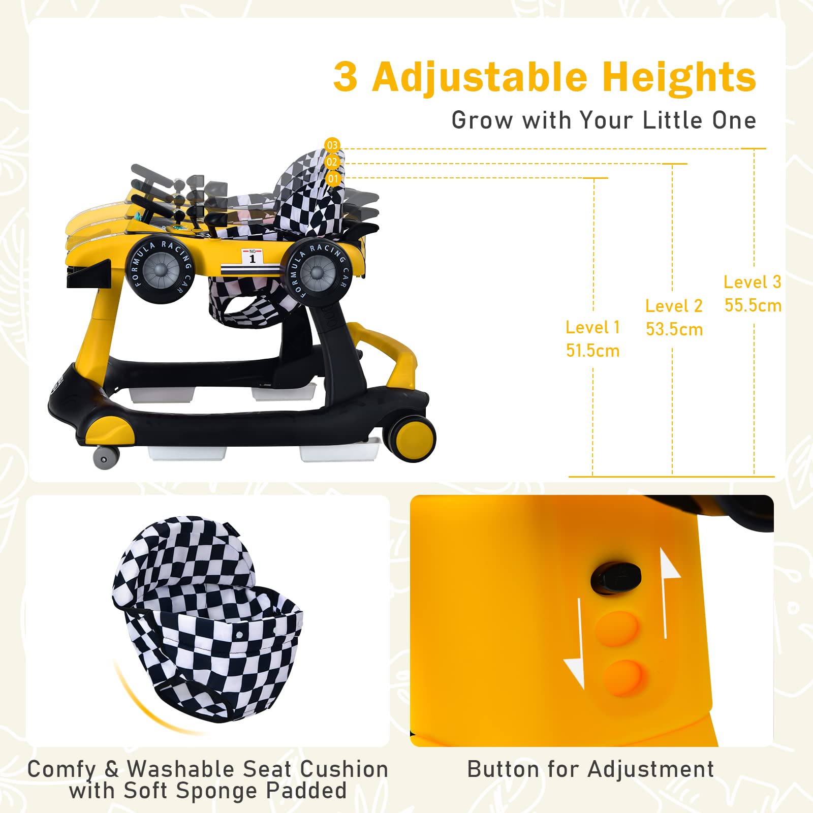 FANTASK 4-in-1 opvouwbare loopwagen met instelbare hoogte en snelheid, in de vorm van een auto met muziekdoos, lichten en wielen, baby vanaf 6 maanden, belastbaar tot 15 kg