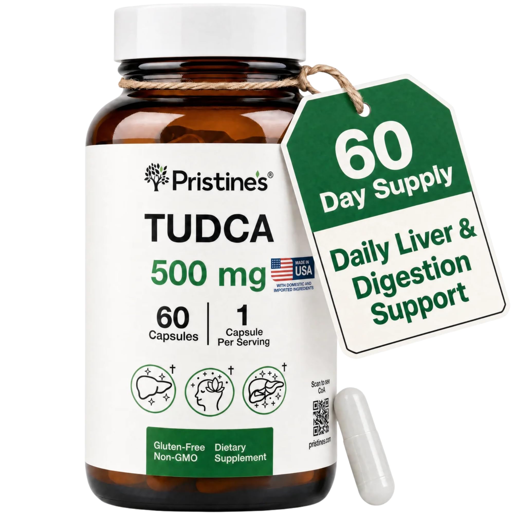 PRISTINE'S TUDCA 500mg Liver & Bile Flow Support Capsules, 60 Day Supply