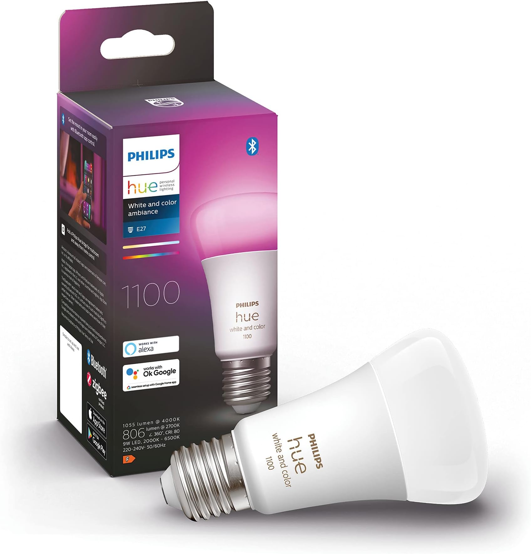 Philips Hue White and Color Ambiance, E27 Smart LED Bulb, 75W Equivalent, 1100 Lumens, Bluetooth Compatible, Compatible with Alexa, Google Assistant and Apple Homekit
