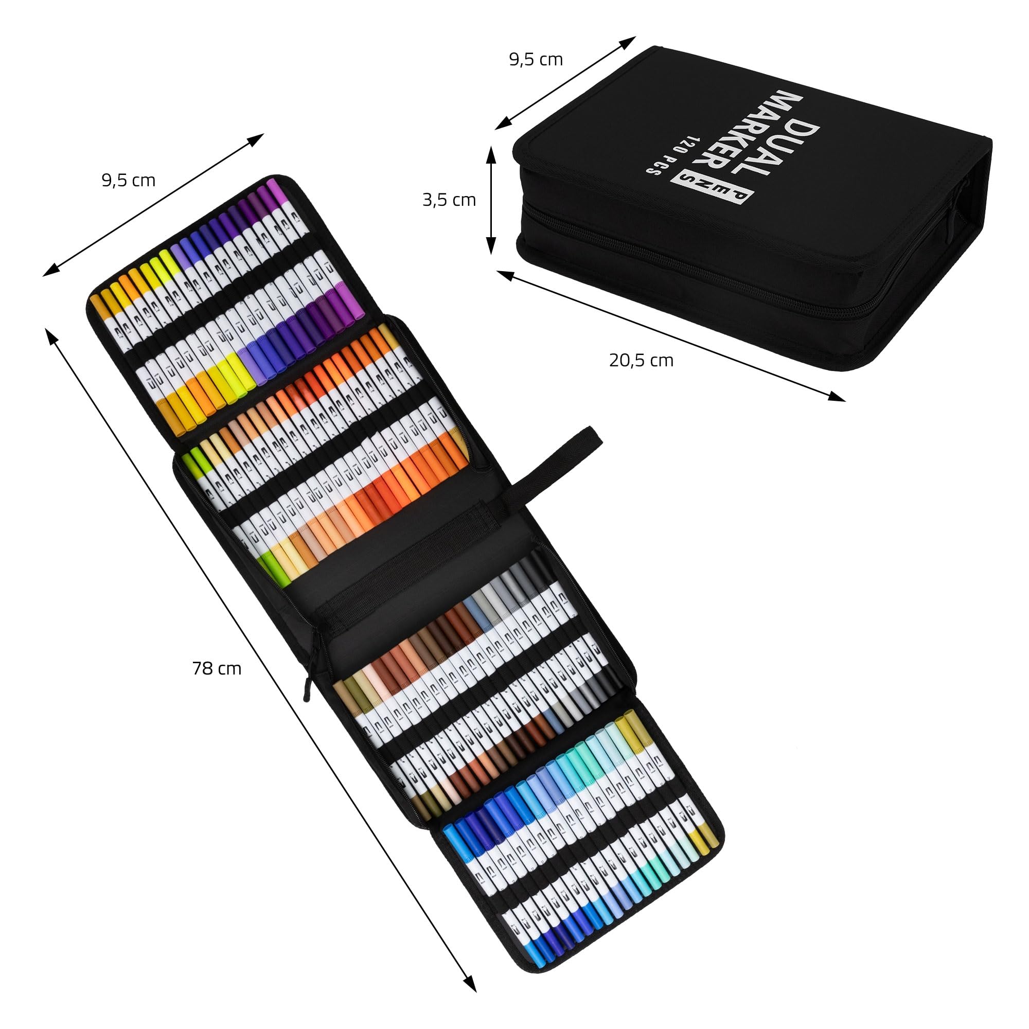 ECD Germany Juego de 120 Rotuladores Finos y Gruesos para Niños y Adultos Doble Pincel con Base de Agua para Caligrafía y Manga Set de Dibujo y Pintura Profesional en Estuche portátil con Cremallera