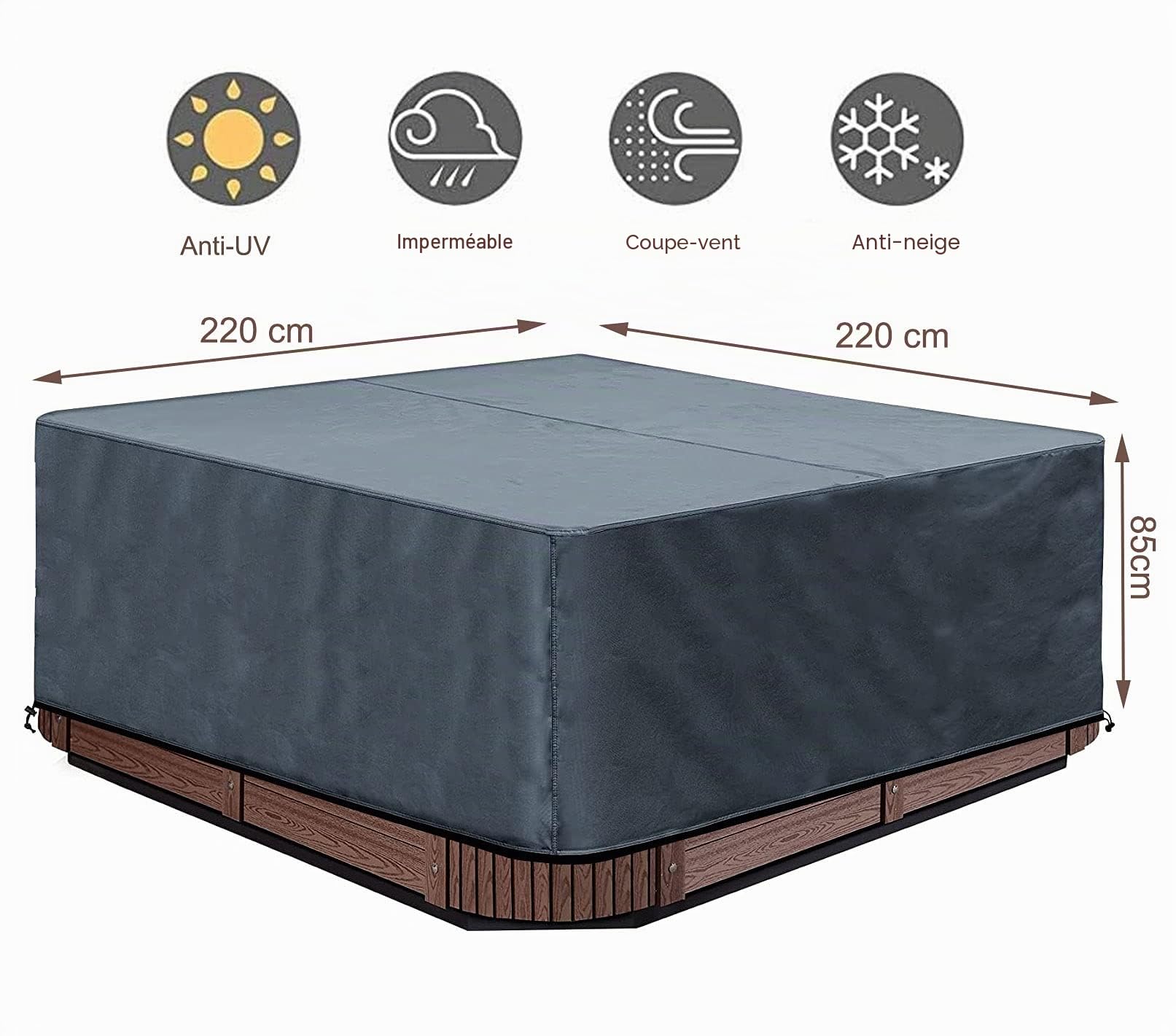 Housse de Protection pour Bain à Remous de Jardin - 220 x 220 x 85 cm - Carré - en Oxford 600D - Protector-Spa - Imperméable, Anti-poussière, Anti-UV, Coupe-Vent, Gris.
