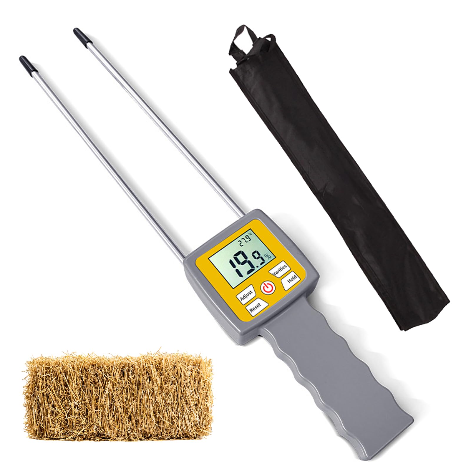 Probador de humedad de heno de doble sonda, medidor de humedad portátil para forraje con pantalla LCD retroiluminada, rango de precisión de 0 a 84 % ± 0,5 %, detector de humedad para paja de césped