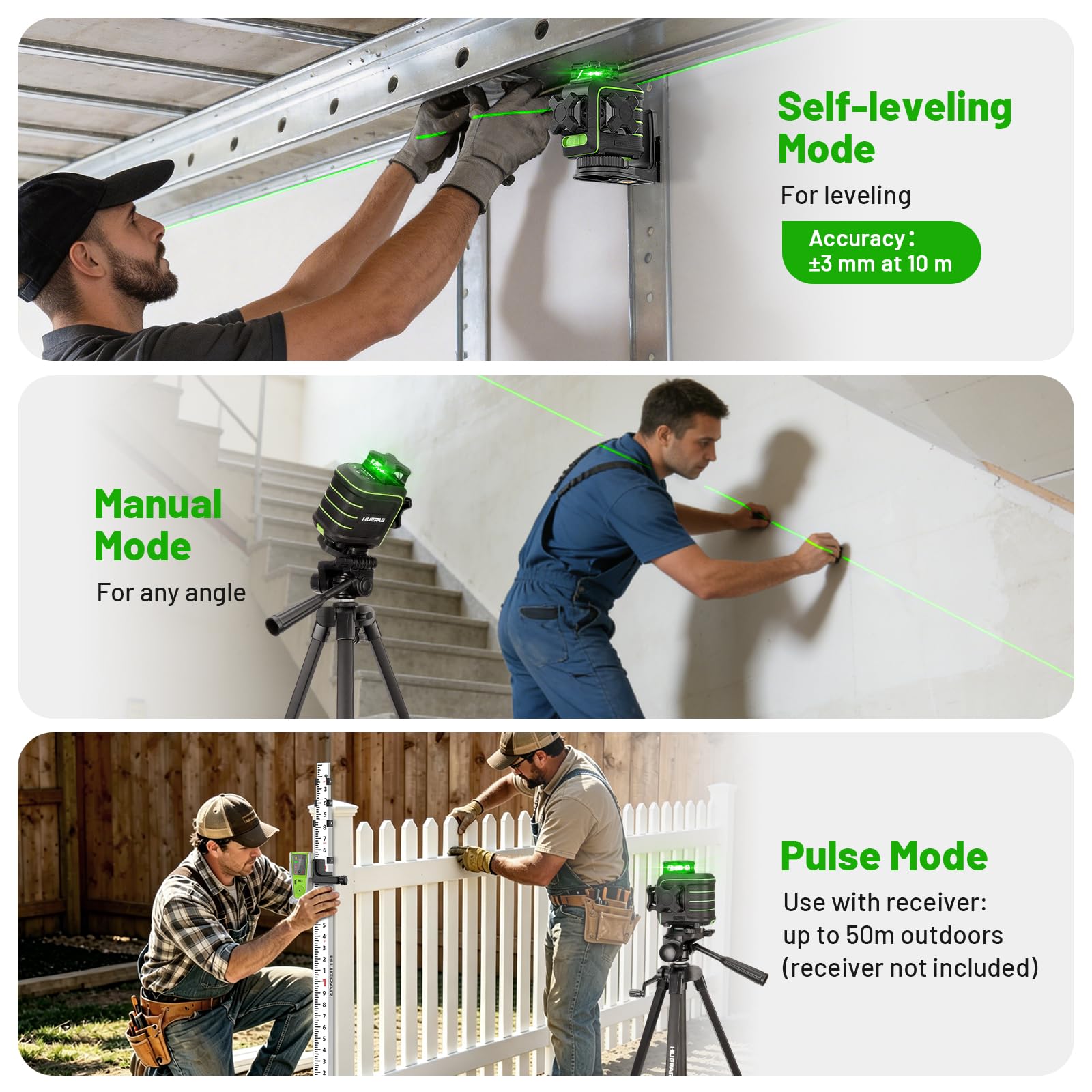 Huepar Livella Laser Verde 3x360°Autolivellante con Treppiede 1,2m, Resistente alle Cadute fino 1,5m,12 Linee,Supporto Magnetico 360°,Modalità Impulso,Portata 50m, Kit Professionale Completo U03CGT